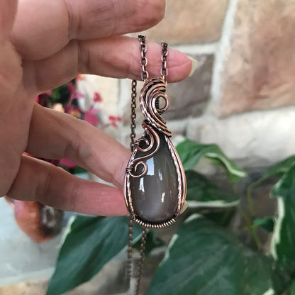 gray moonstone swirly copper wire wrapped pendant