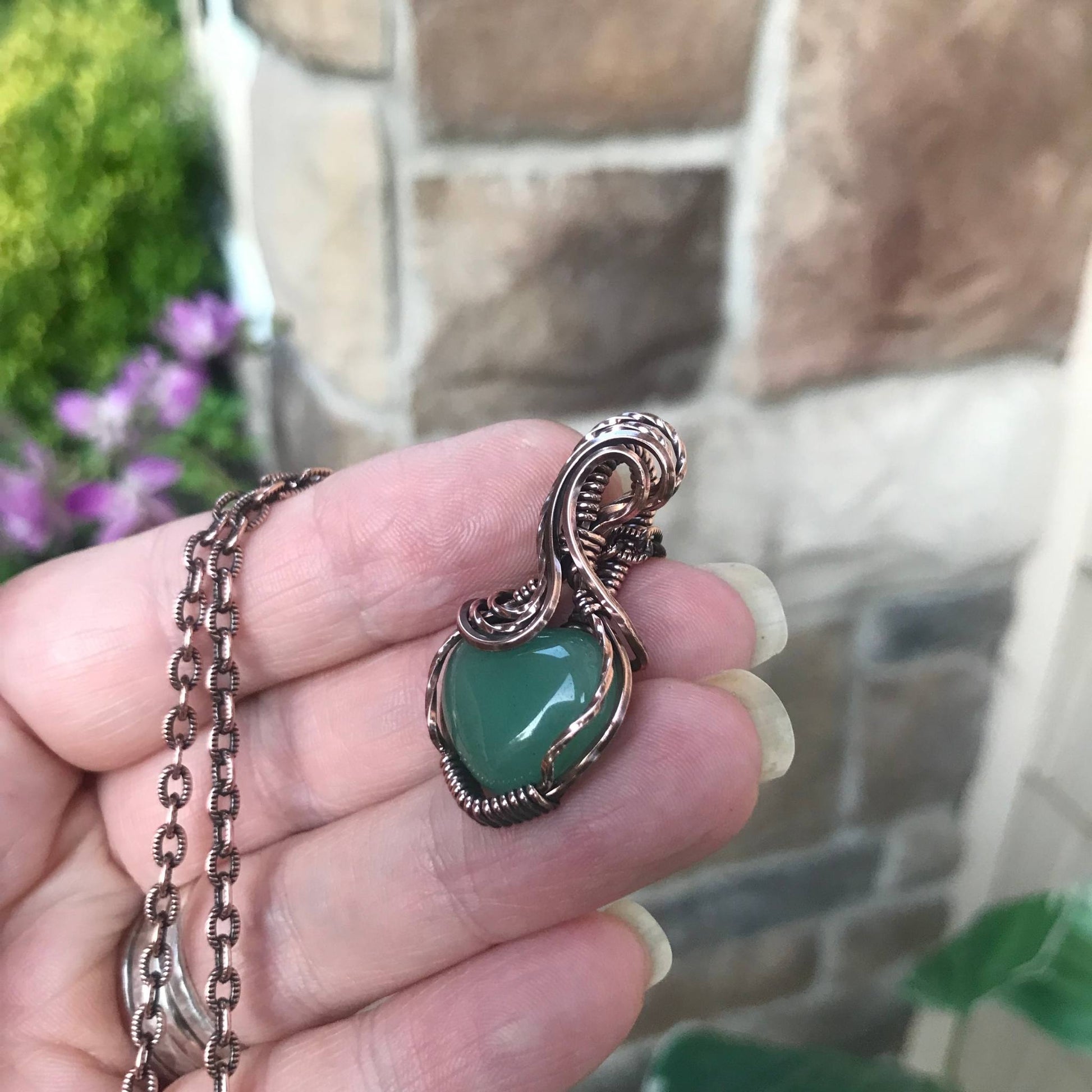 Green aventurine mini heart copper wire wrapped pendant necklace by Moonlet Jewelry