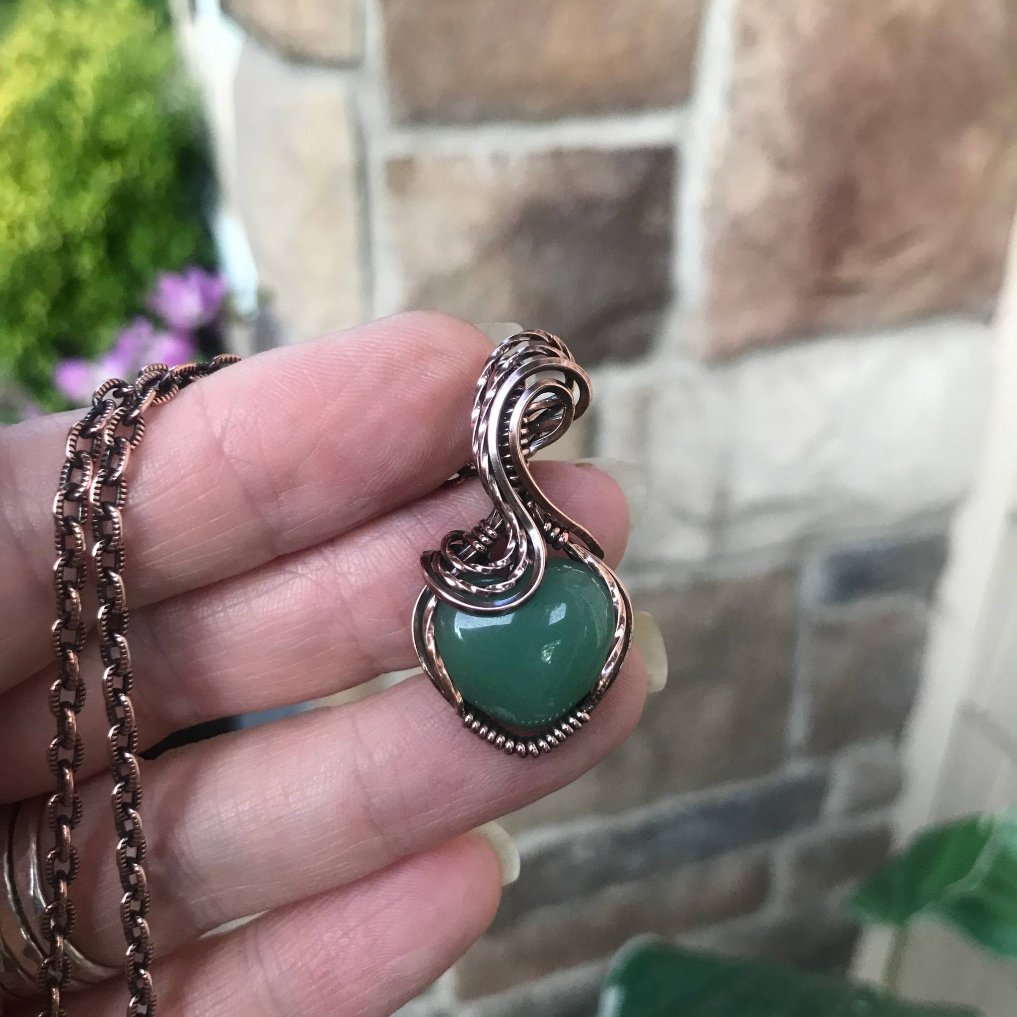 Green aventurine mini heart copper wire wrapped pendant necklace by Moonlet Jewelry