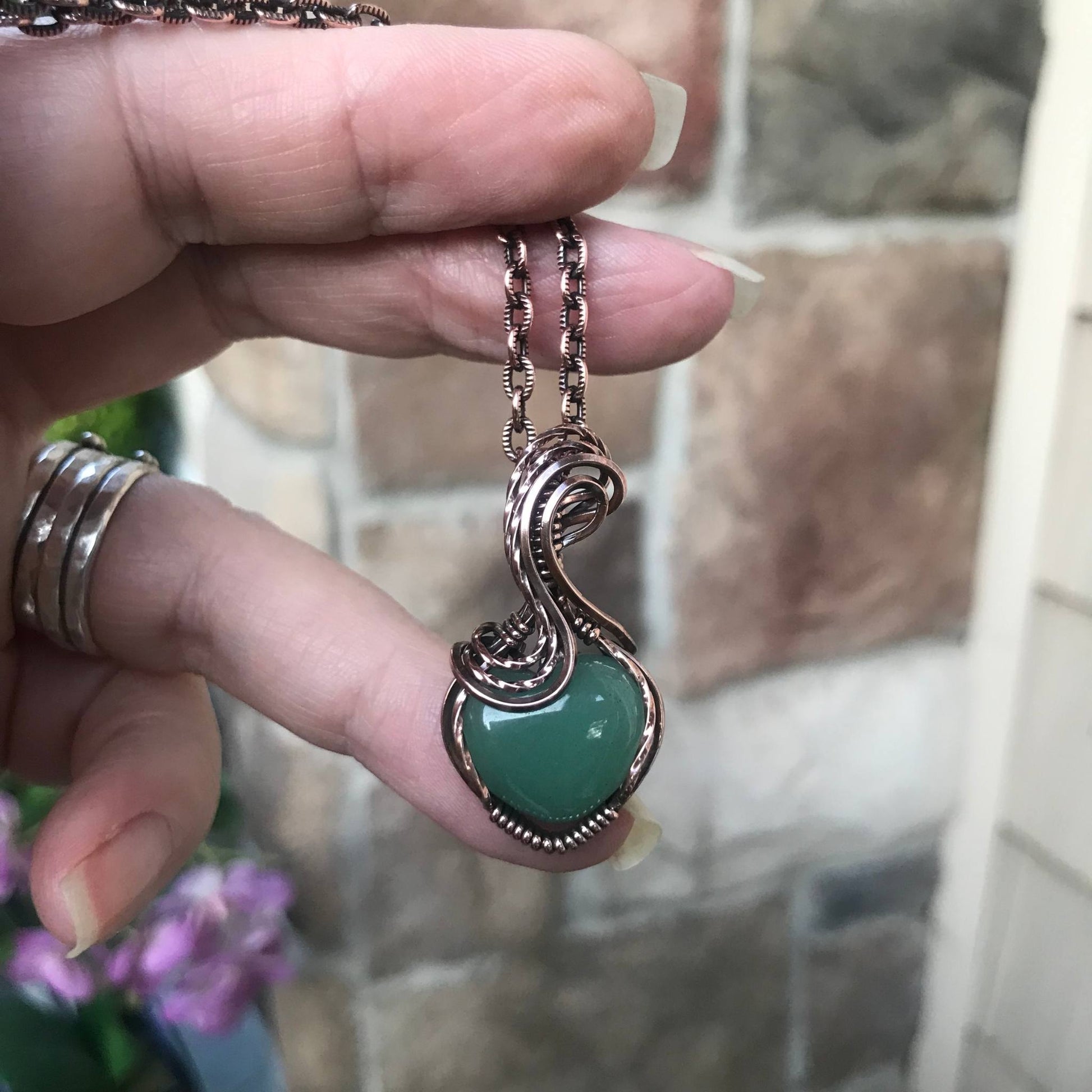 Green aventurine mini heart copper wire wrapped pendant necklace by Moonlet Jewelry