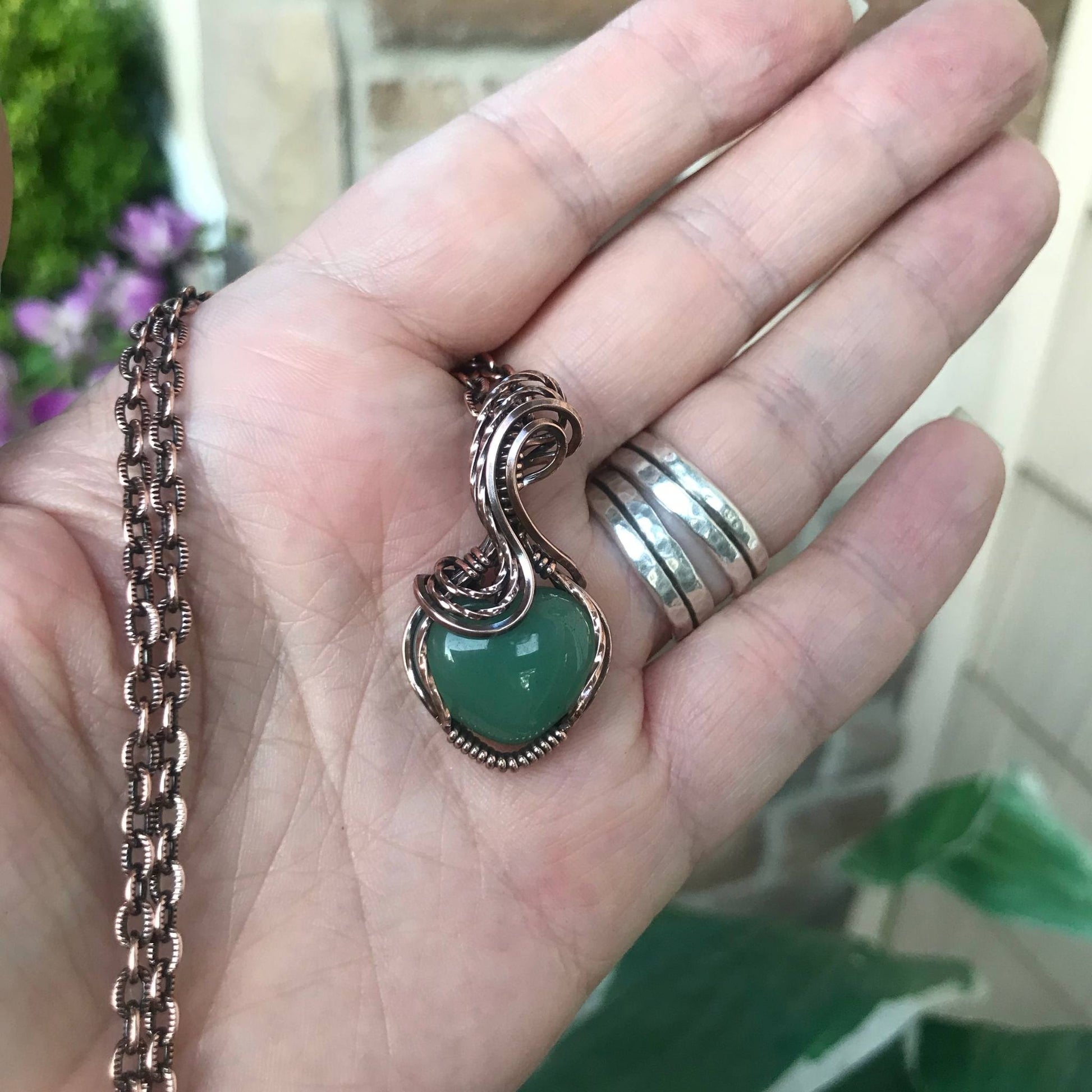 Green aventurine mini heart copper wire wrapped pendant necklace by Moonlet Jewelry