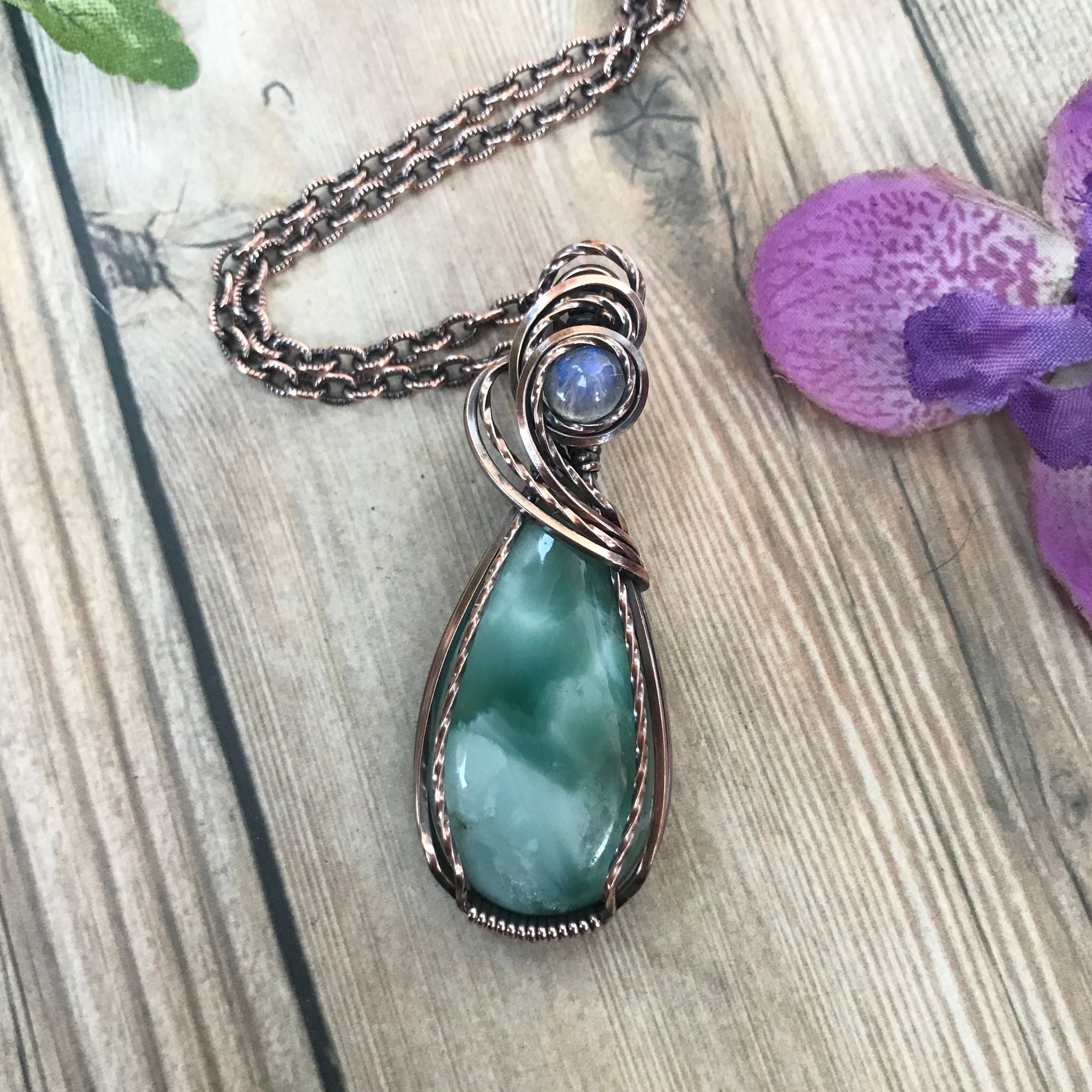 Blue Hemimorphite & Moonstone Copper Necklace