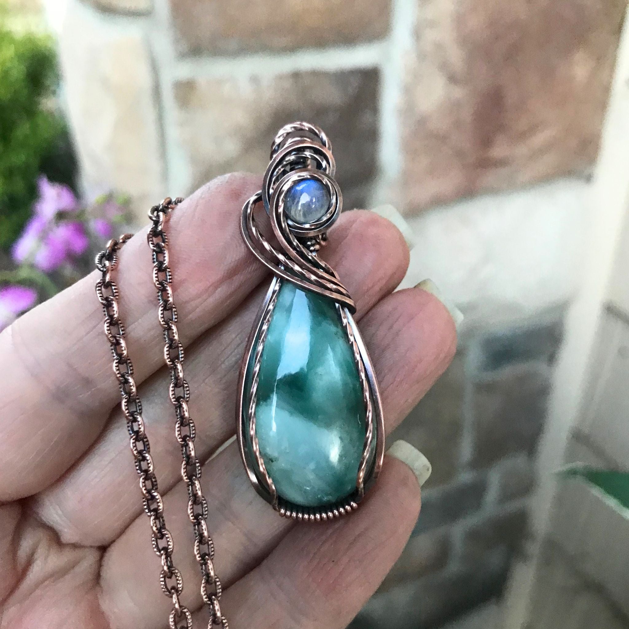 Blue Hemimorphite & Moonstone Copper Necklace