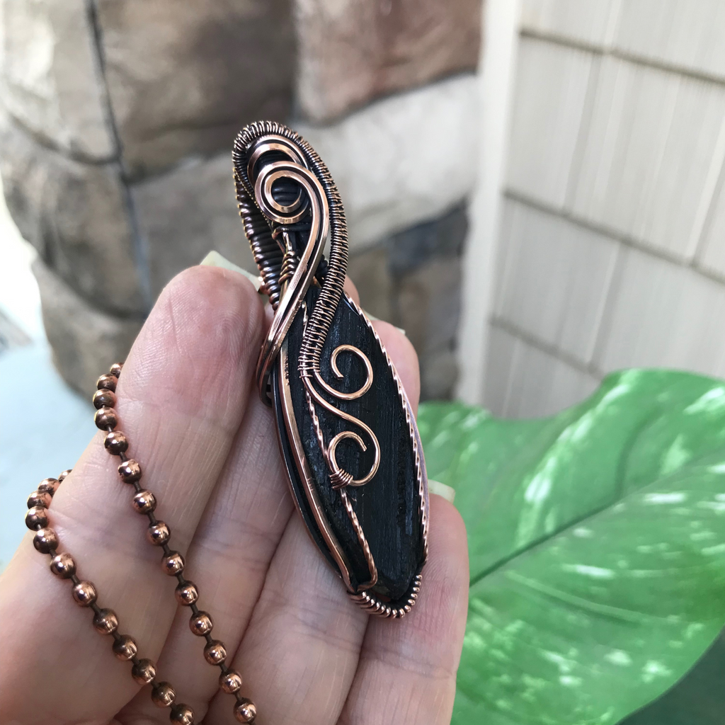 rough raw black tourmaline wire wrapped copper pendant necklace moonlet jewelry