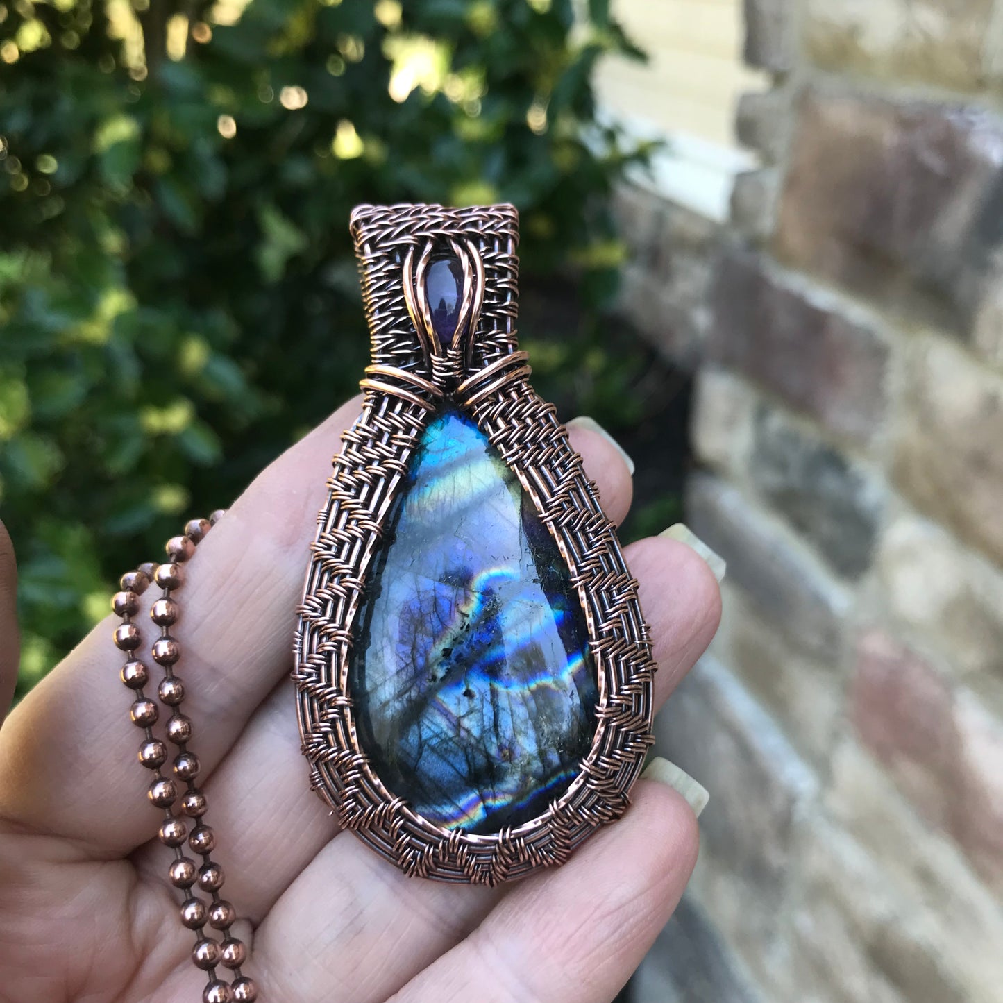 Rainbow Labradorite & Amethyst Wire Wrapped Copper Necklace