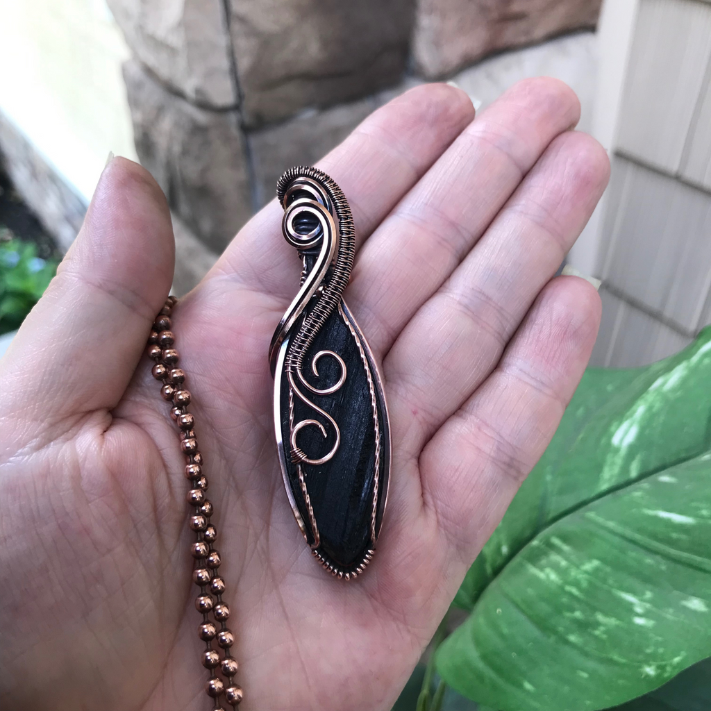 rough raw black tourmaline wire wrapped copper pendant necklace moonlet jewelry