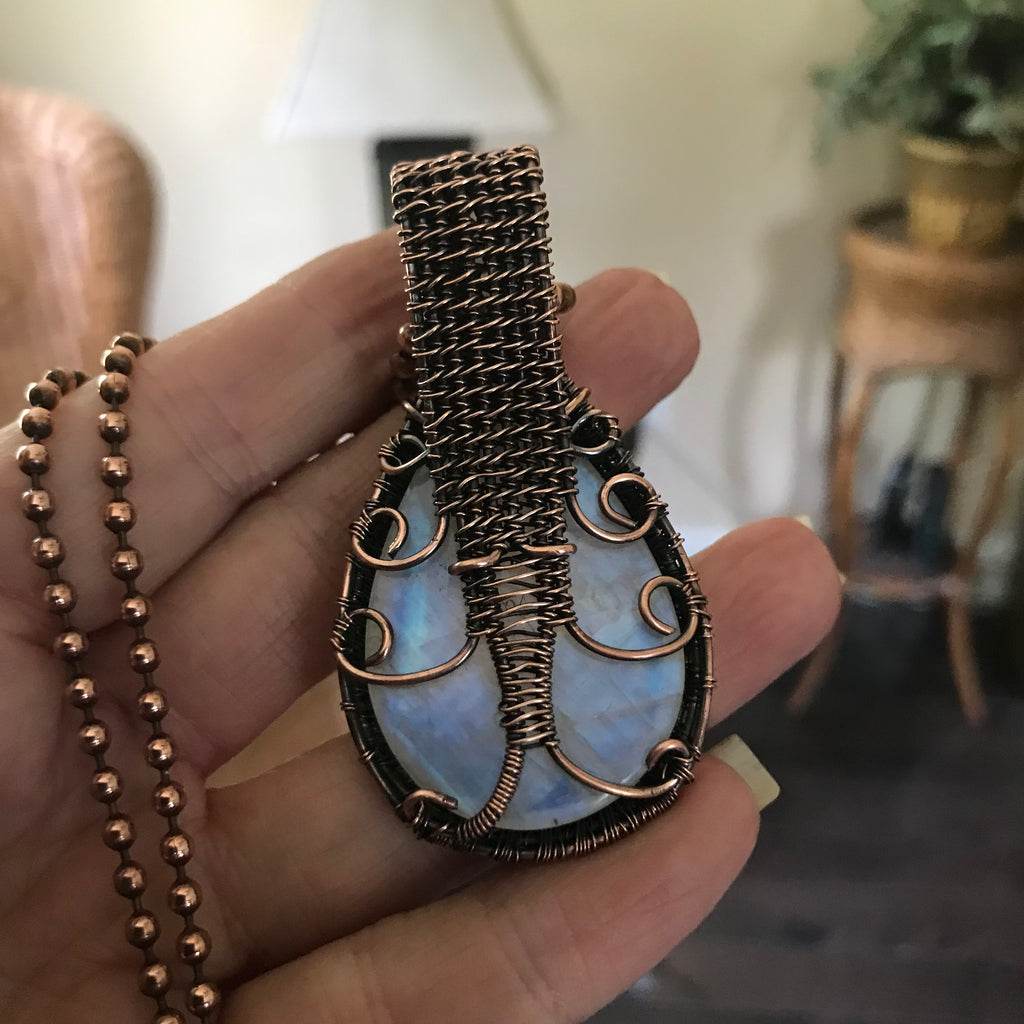 moonstone wire wrapped woven copper pendant necklace moonlet jewelry