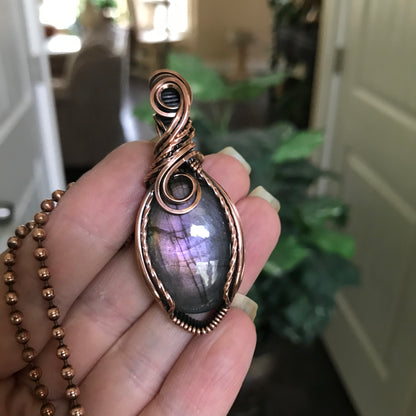 Purple Labradorite Small Oval Wire Wrapped Copper Necklace