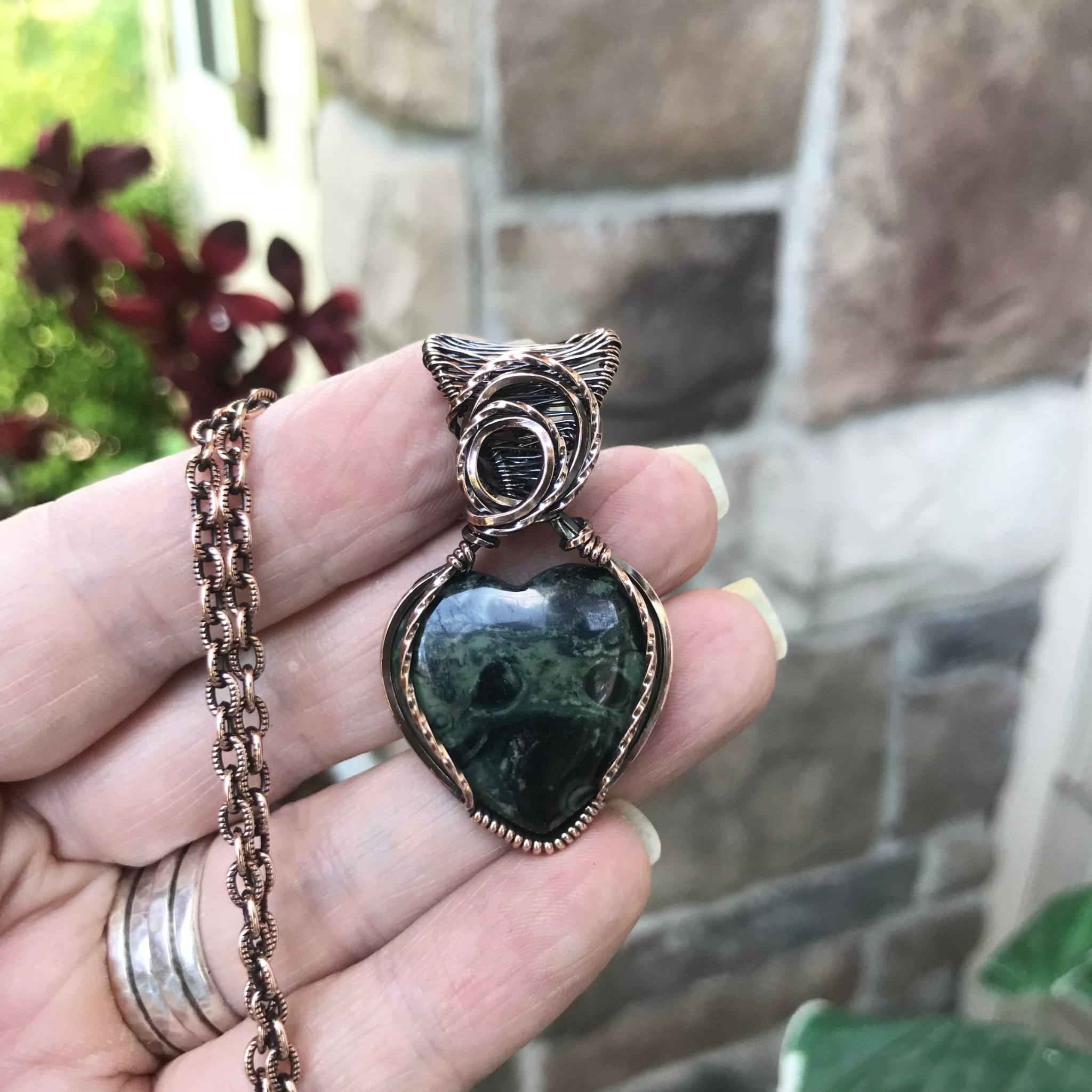 Kambaba jasper copper heart wire wrapped pendant by Moonlet Jewelry