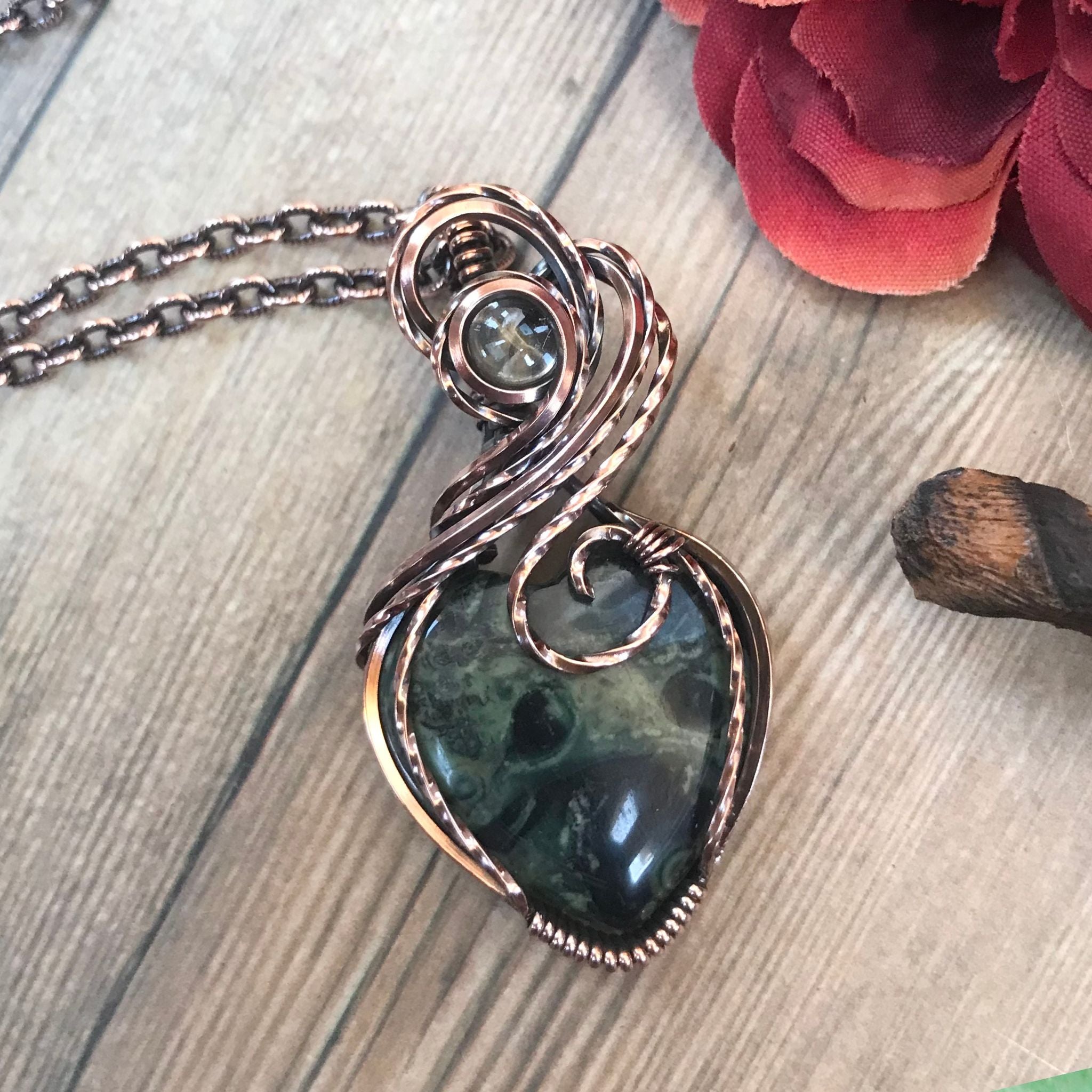 Kambaba Jasper Heart Pendant in Oxidized Copper
