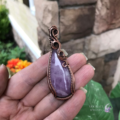 kunzite long teardrop swirly copper necklace moonlet jewelry