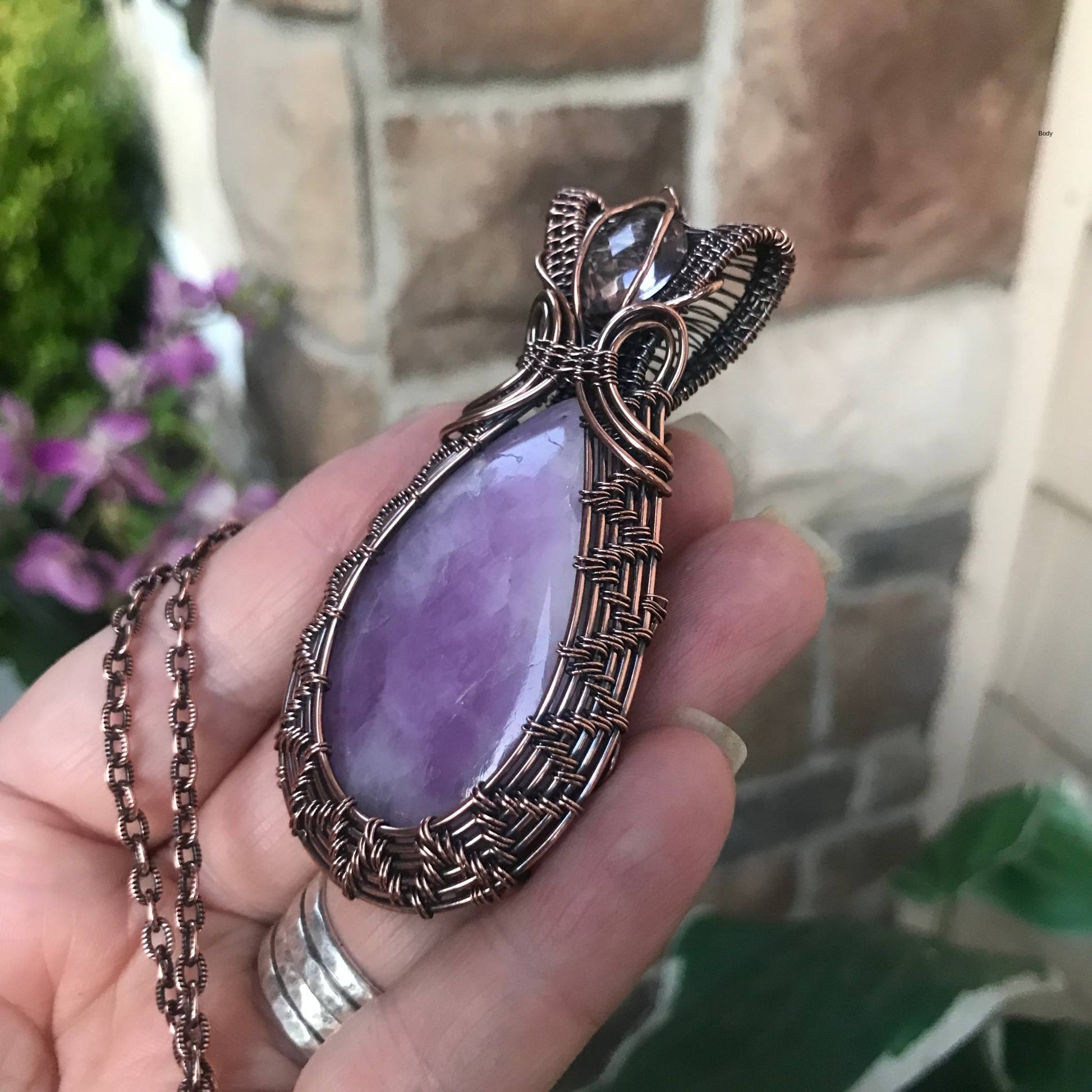 Kunzite with pink amethyst woven copper wire wrapped pendant by Moonlet Jewelry