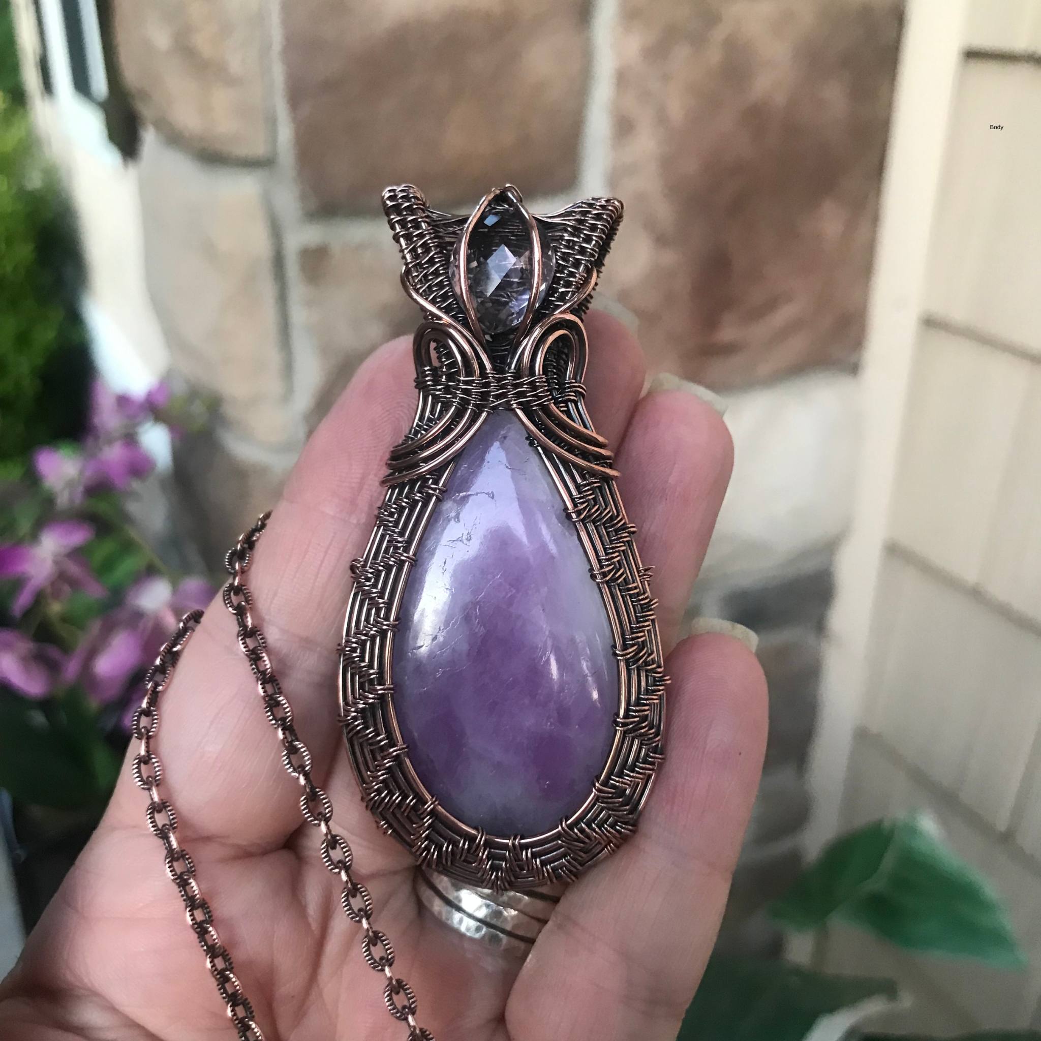 Kunzite with pink amethyst woven copper wire wrapped pendant by Moonlet Jewelry