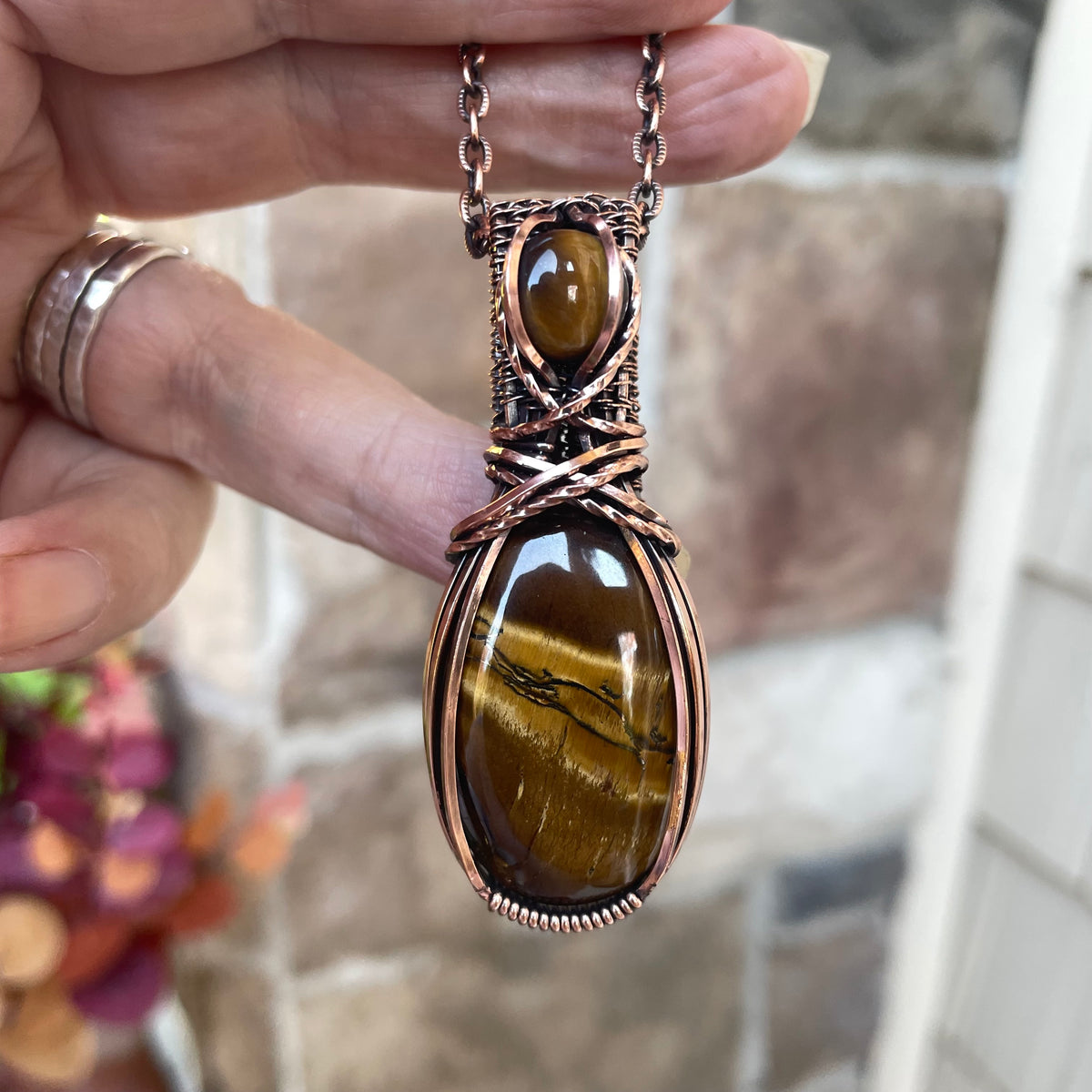 Tiger Eye Oval Copper Pendant with Weaving