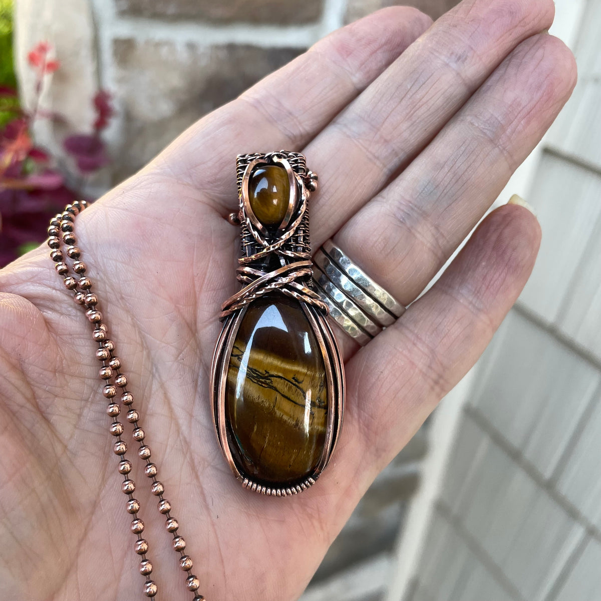 Tiger Eye Oval Copper Pendant with Weaving
