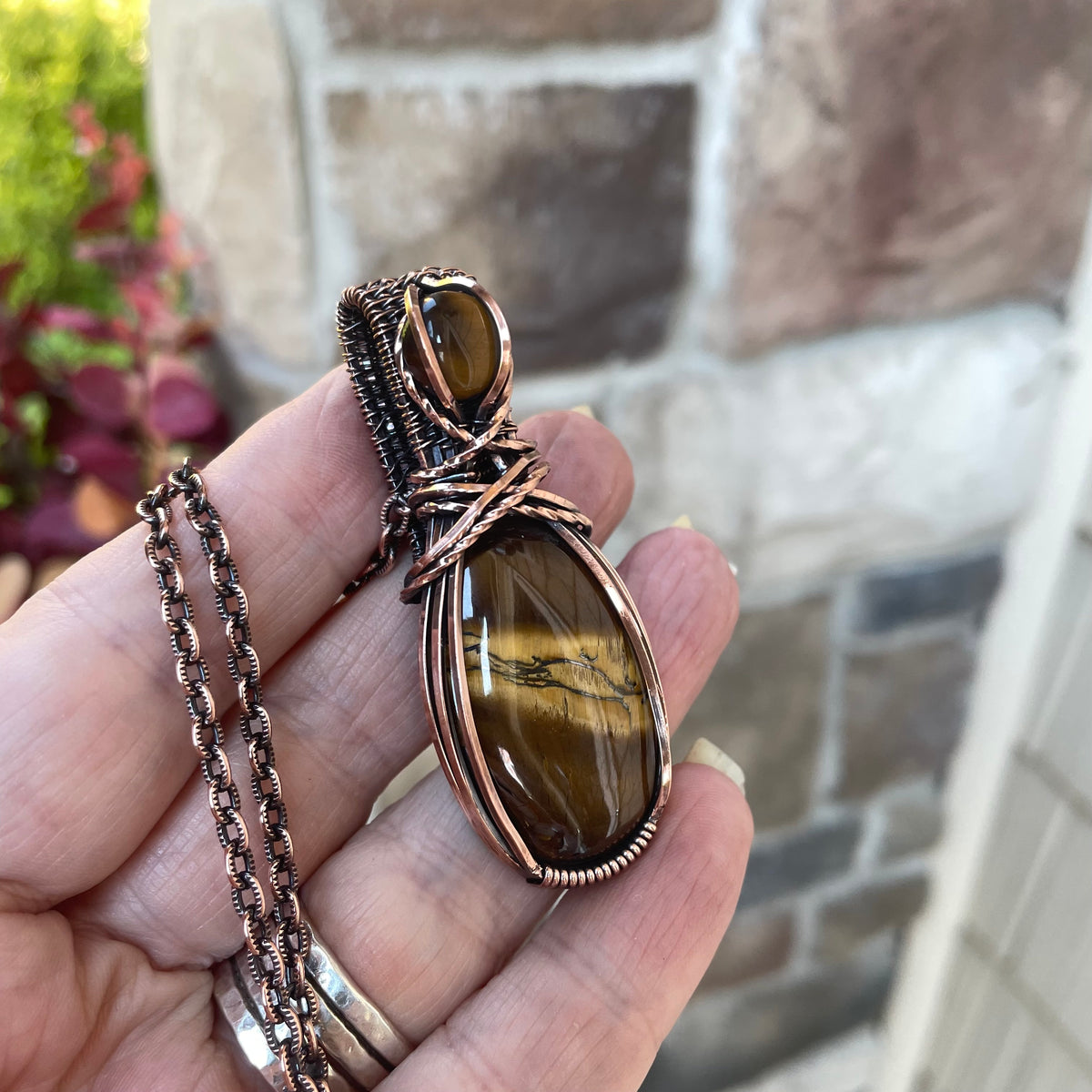Tiger Eye Oval Copper Pendant with Weaving