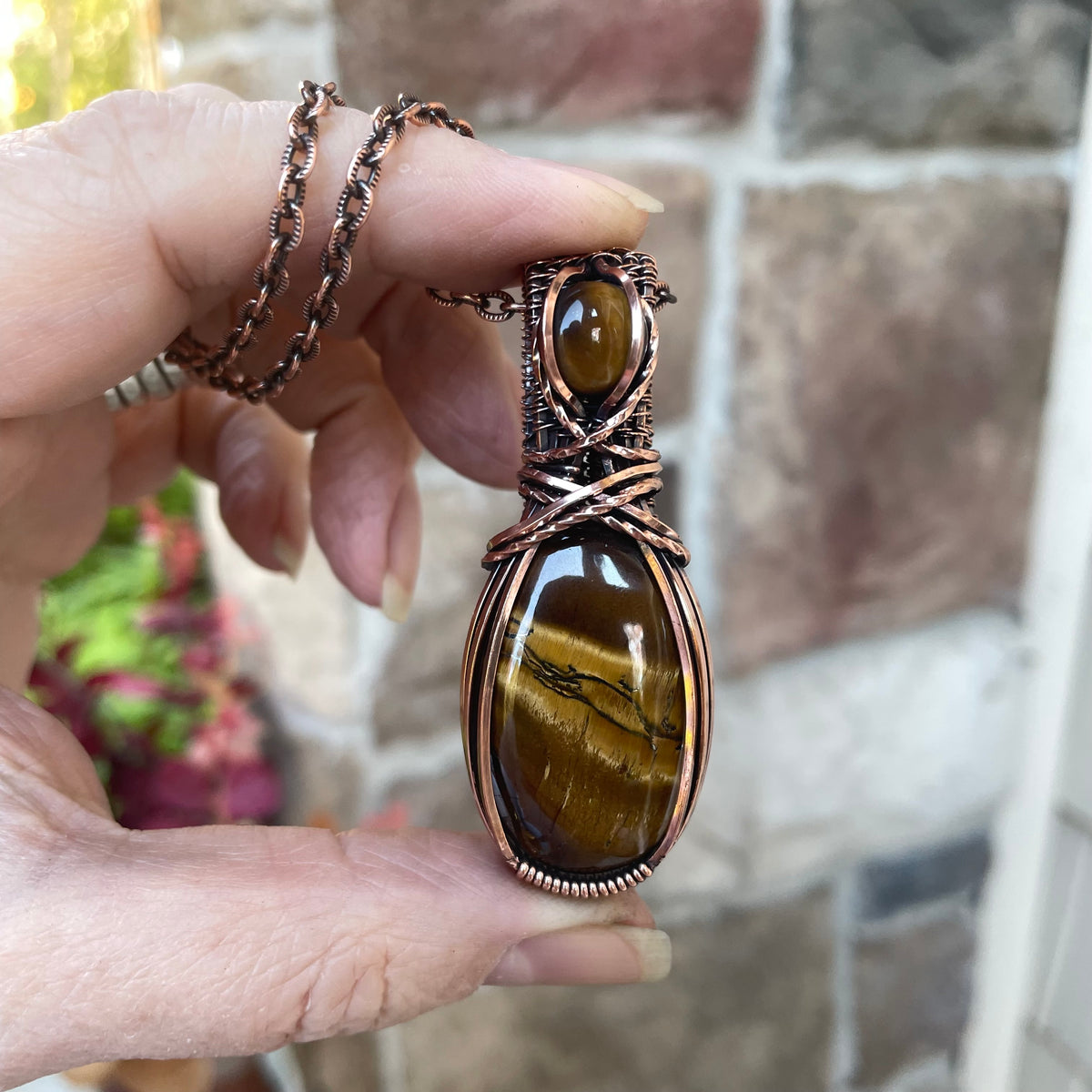Tiger Eye Oval Copper Pendant with Weaving