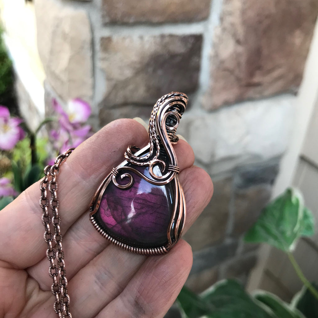 magenta purple labradorite copper pendant moonlet jewelry