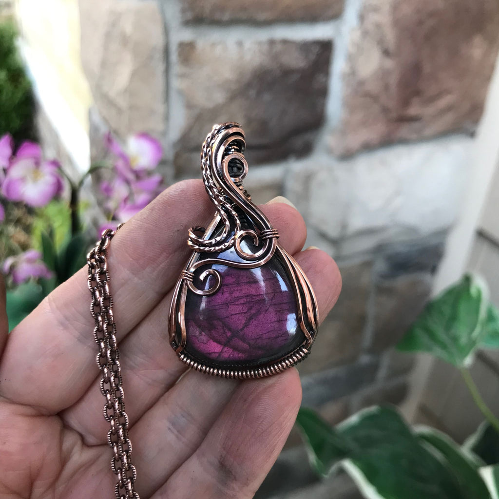 magenta purple labradorite copper pendant moonlet jewelry