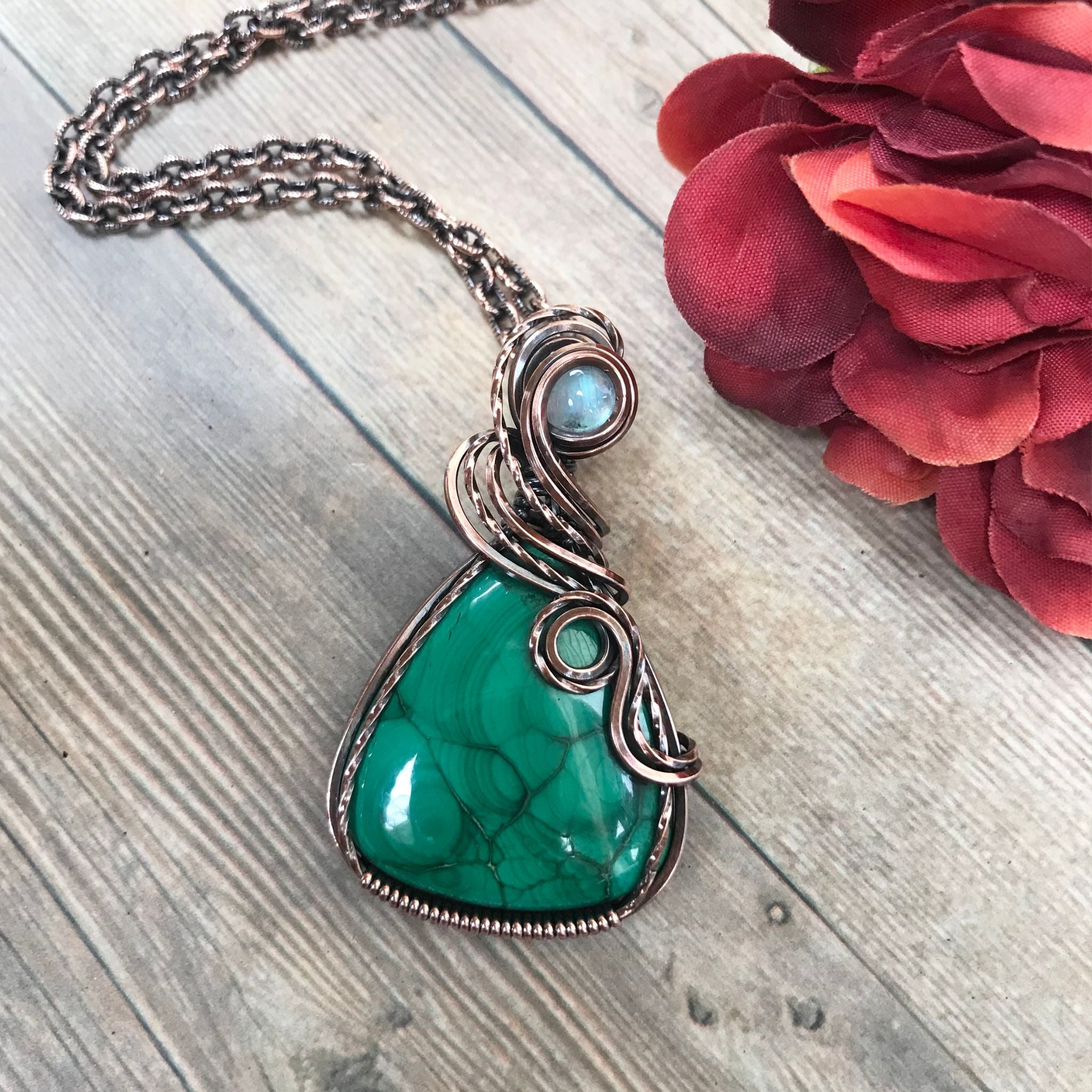 Malachite & Moonstone Copper Teardrop Pendant