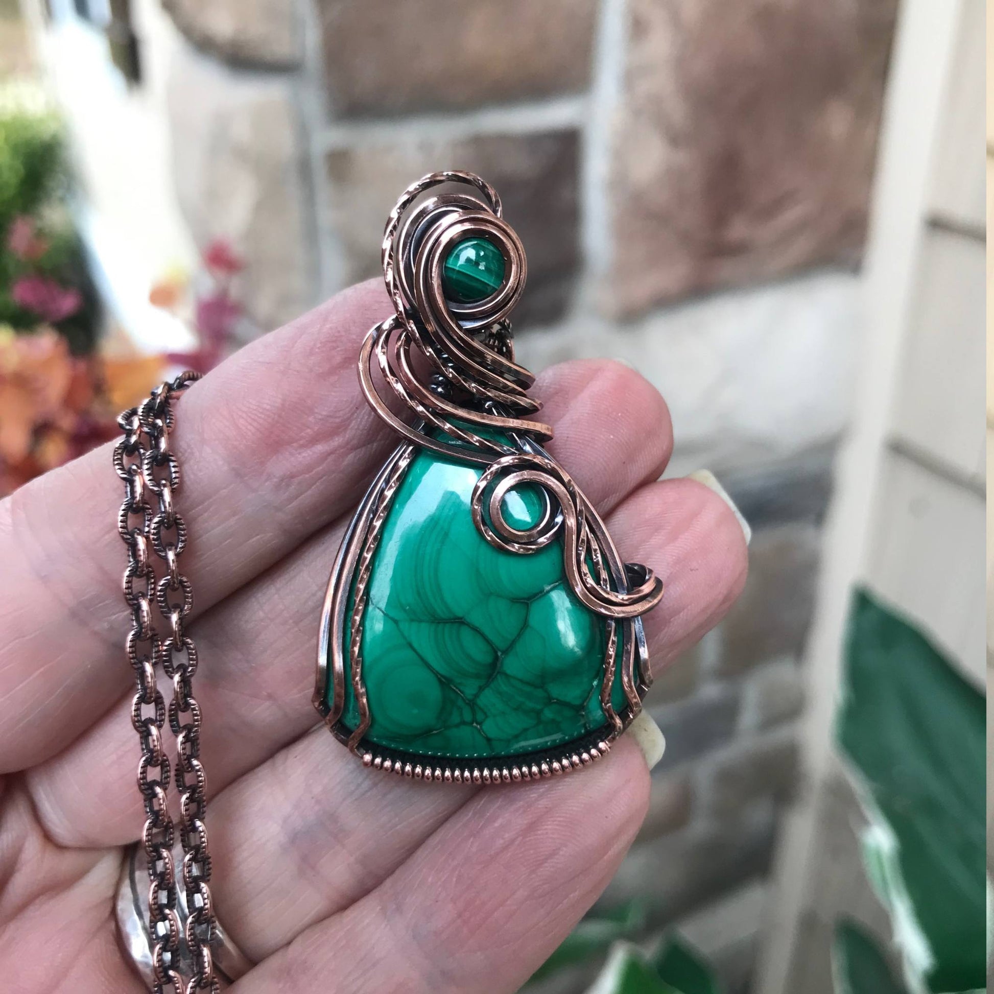 Malachite w/Malachite Accent Copper Wide Teardrop Pendant