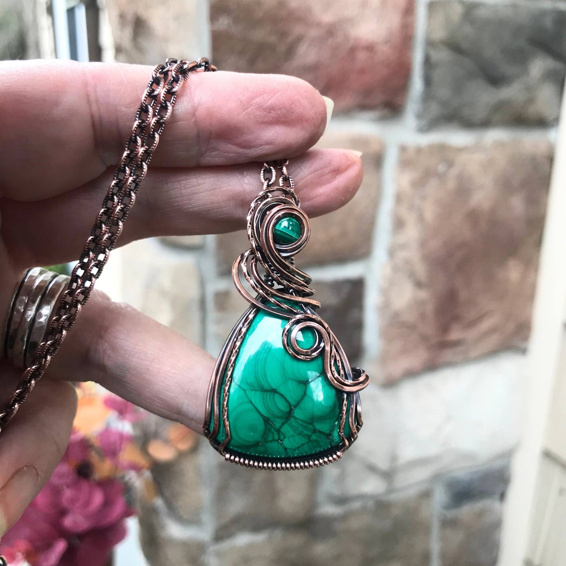 Malachite w/Malachite Accent Copper Wide Teardrop Pendant