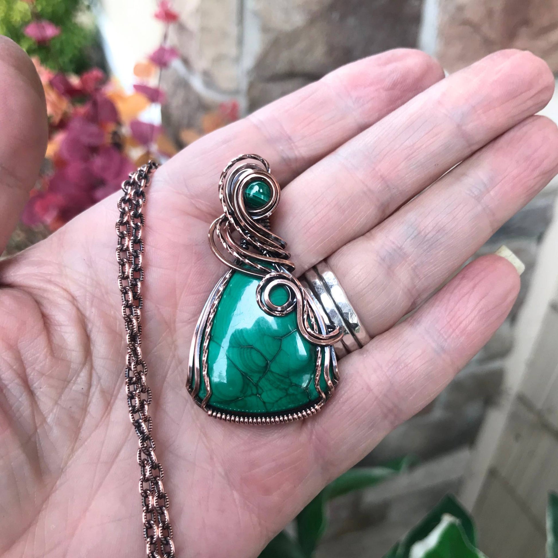 Malachite w/Malachite Accent Copper Wide Teardrop Pendant