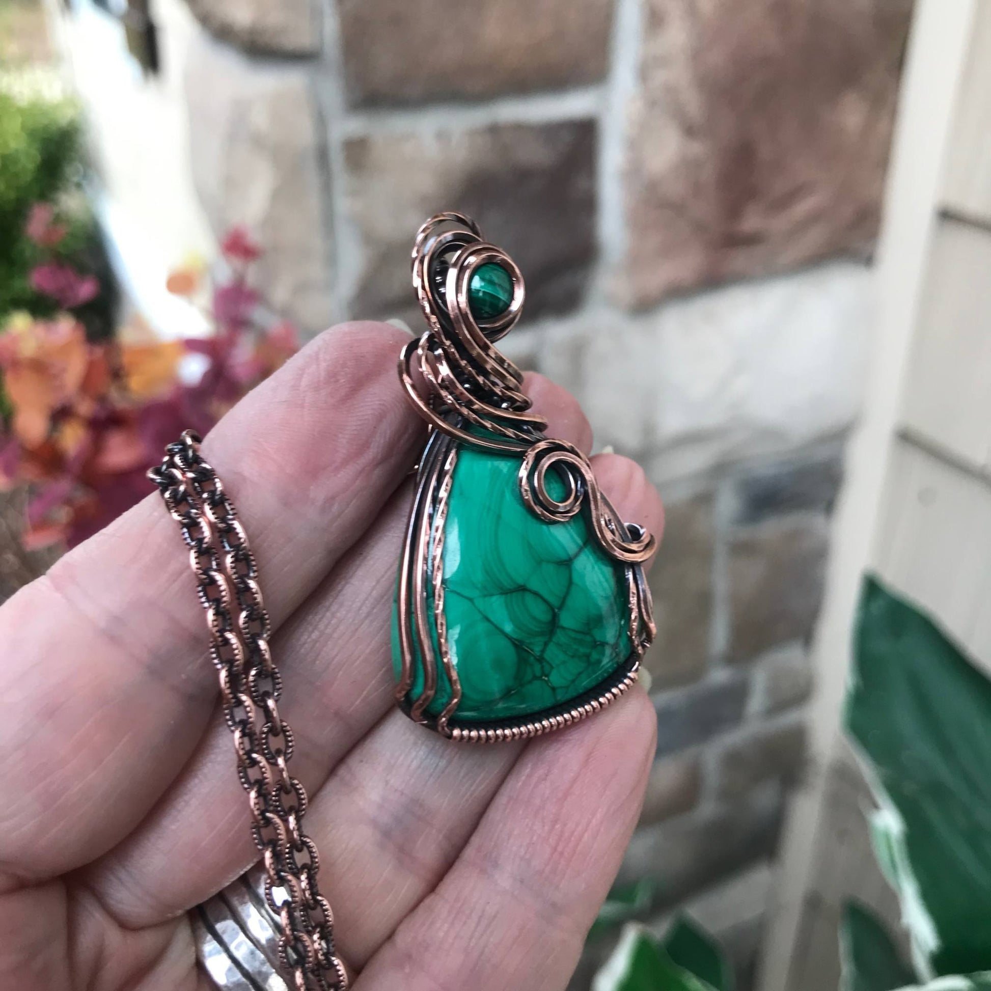 Malachite w/Malachite Accent Copper Wide Teardrop Pendant