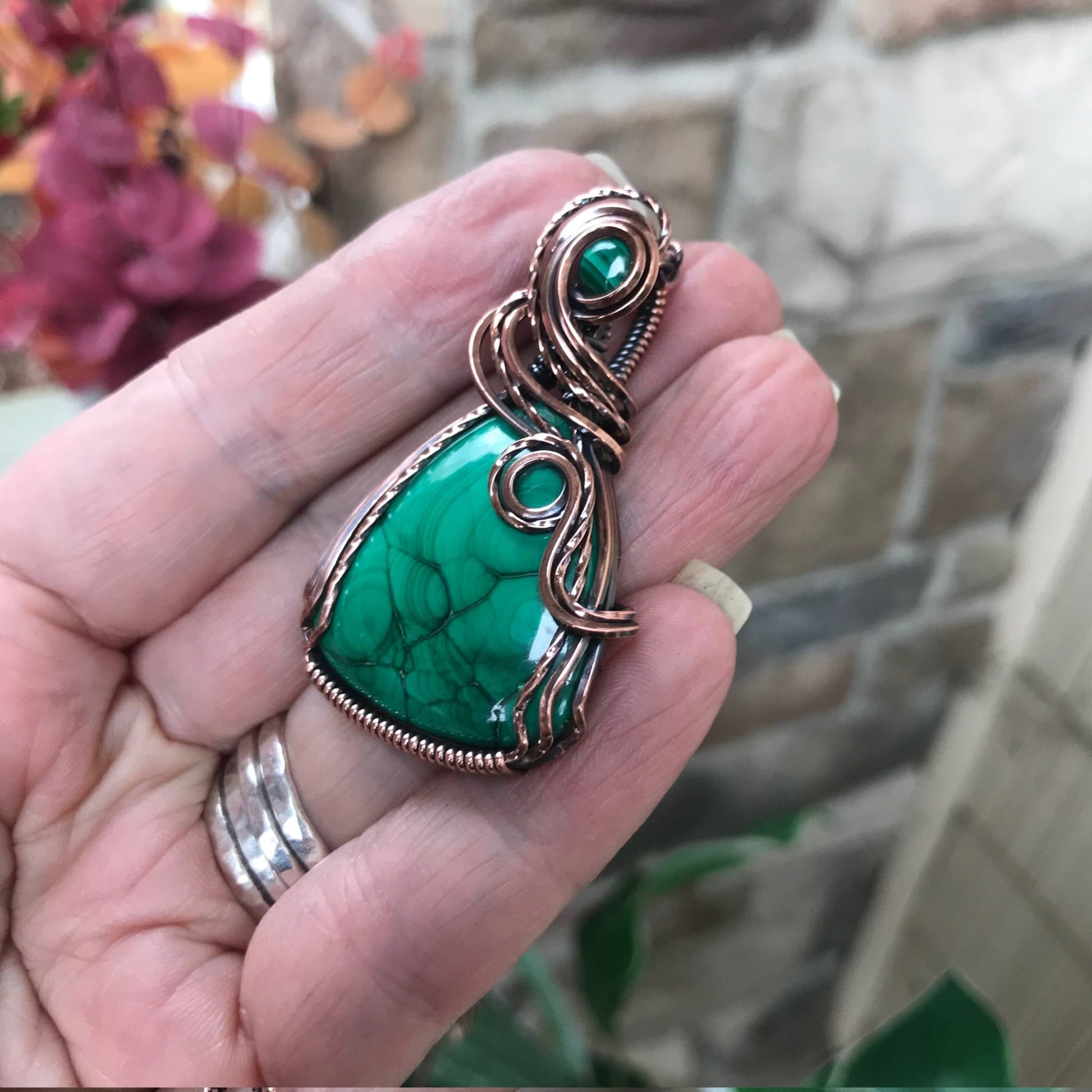 Malachite w/Malachite Accent Copper Wide Teardrop Pendant