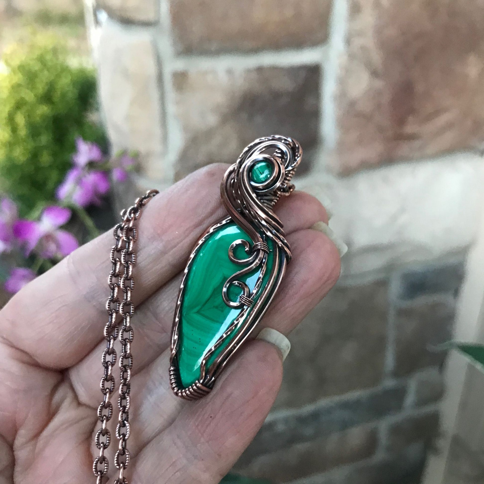 Malachite w/Malachite Accent Slender Copper Necklace