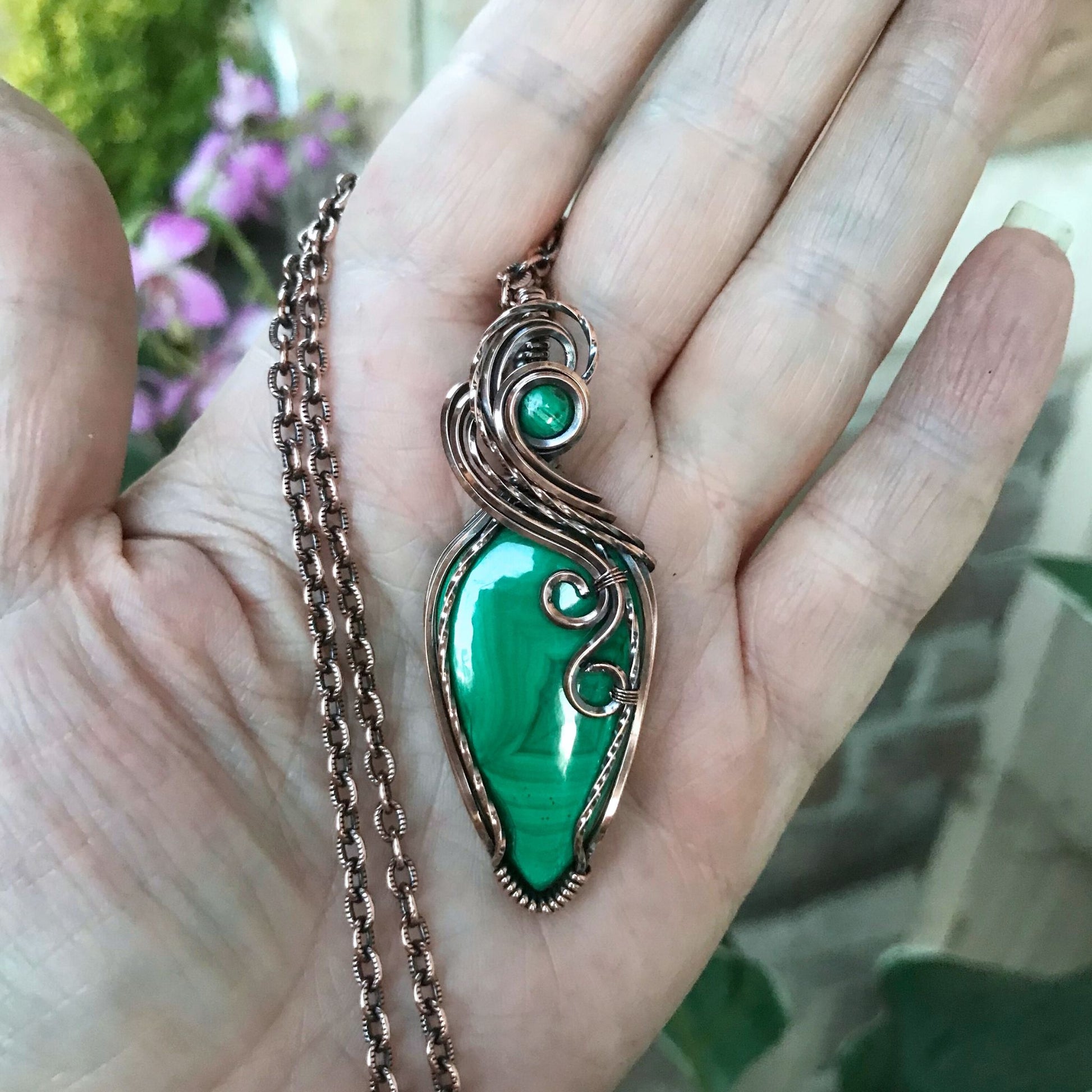 Malachite w/Malachite Accent Slender Copper Necklace