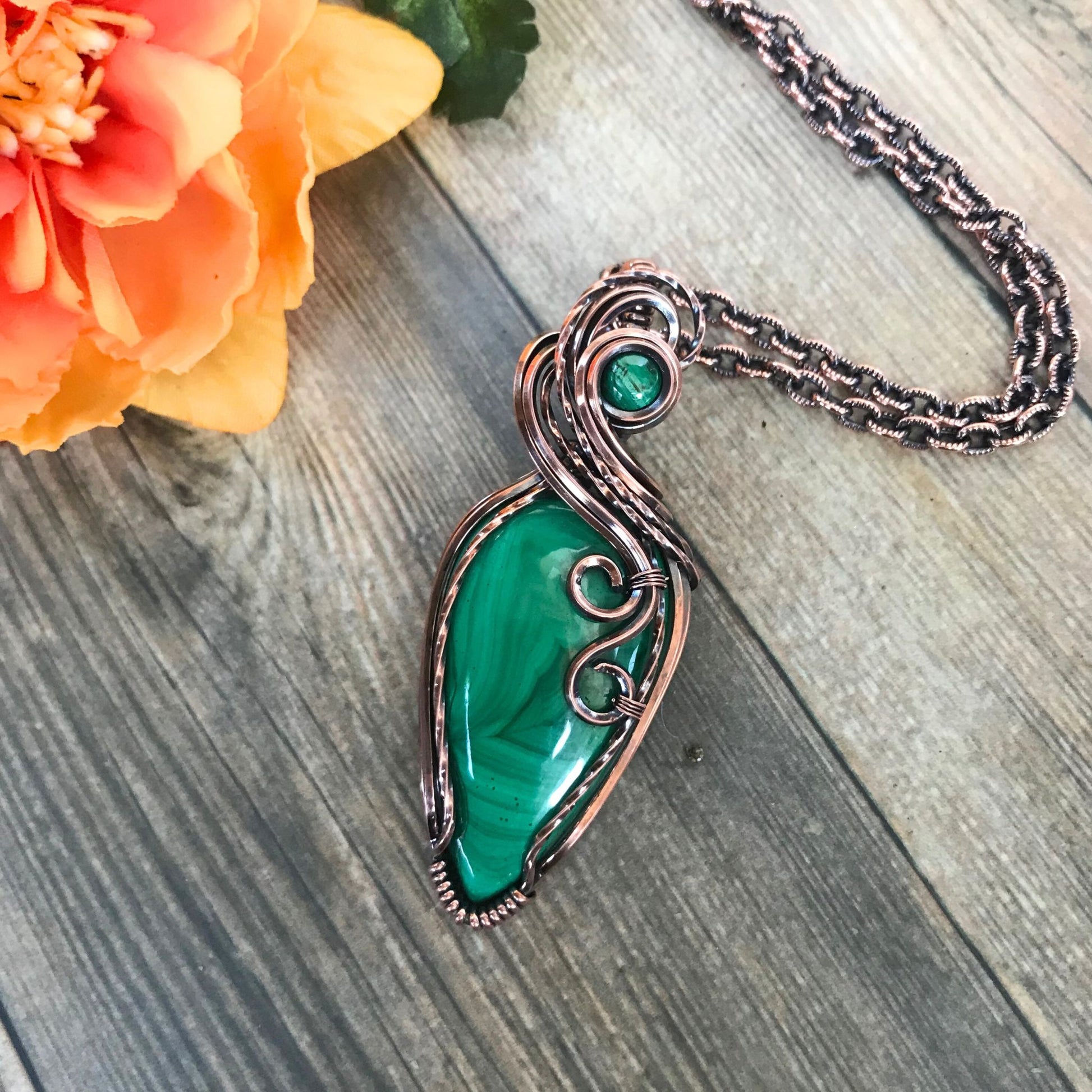 Malachite w/Malachite Accent Slender Copper Necklace