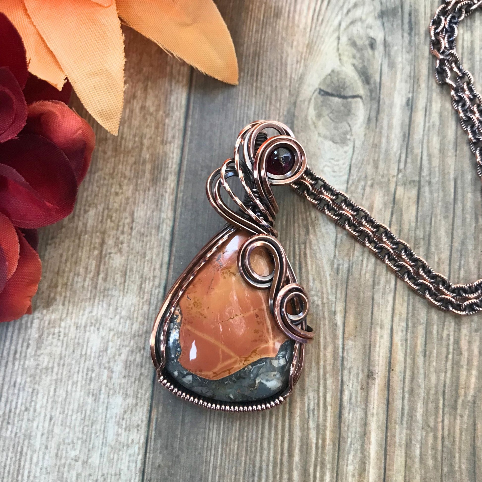 Maligano Jasper & Garnet Wide Teardrop Copper Necklace