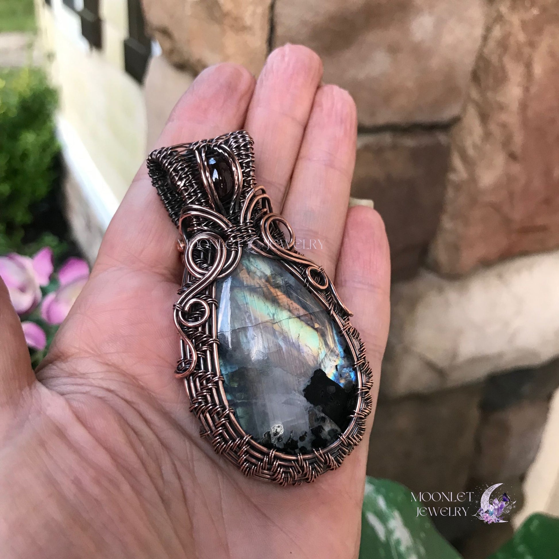 moonstone garnet large oval swirly copper woven pendant