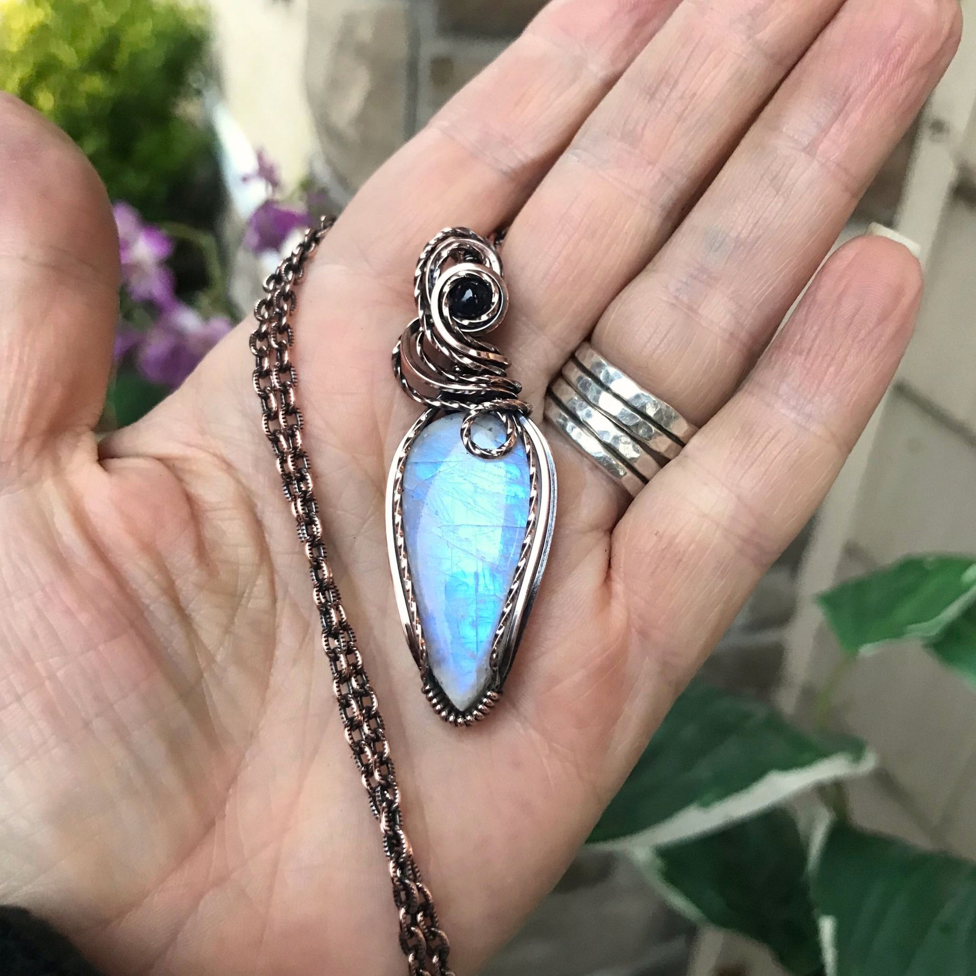 Rainbow Moonstone & Iolite Copper Pendant