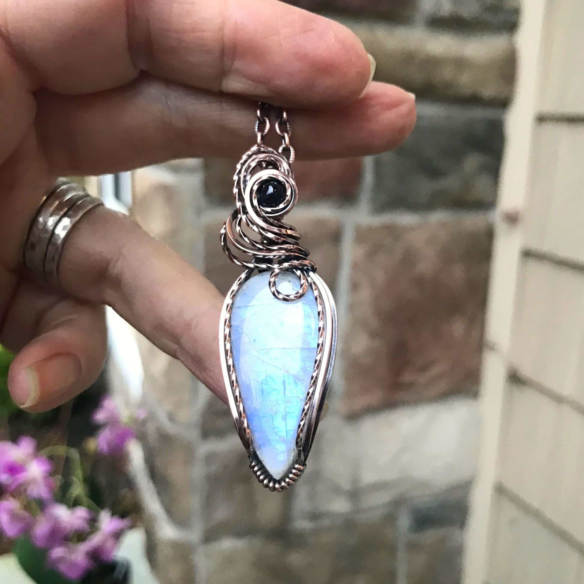 Rainbow Moonstone & Iolite Copper Pendant