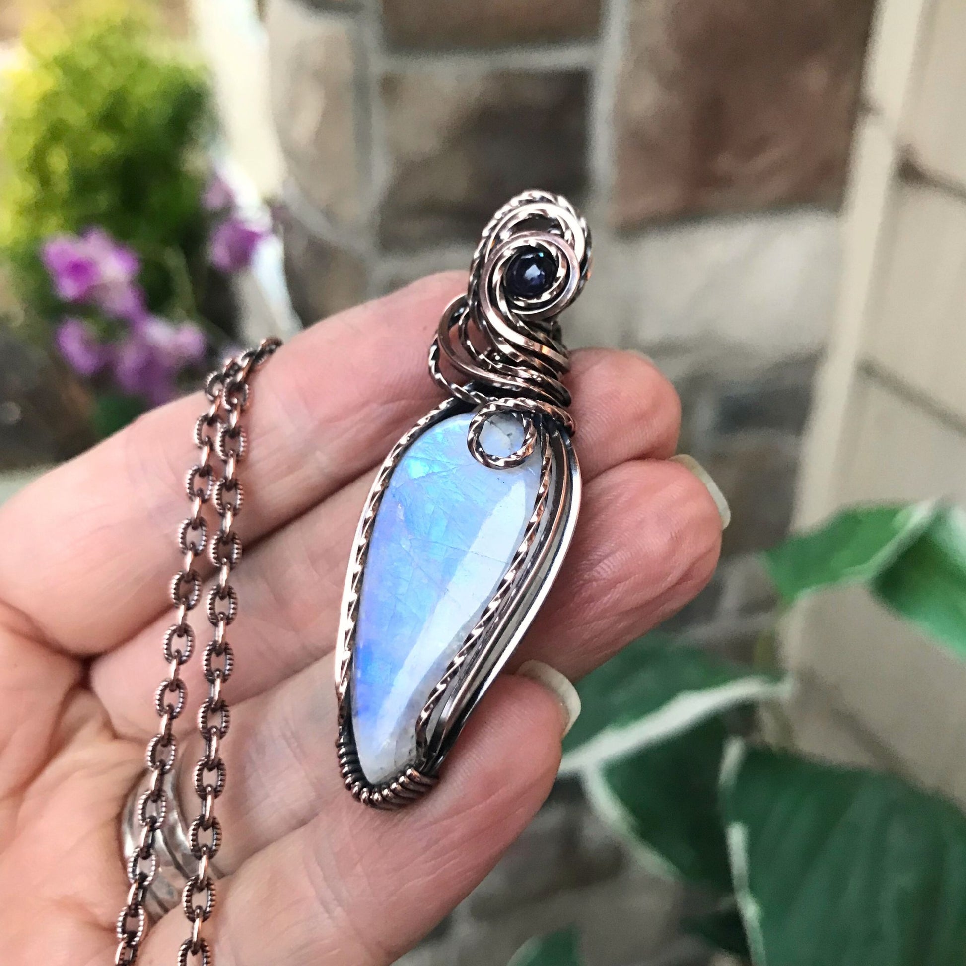 Rainbow Moonstone & Iolite Copper Pendant