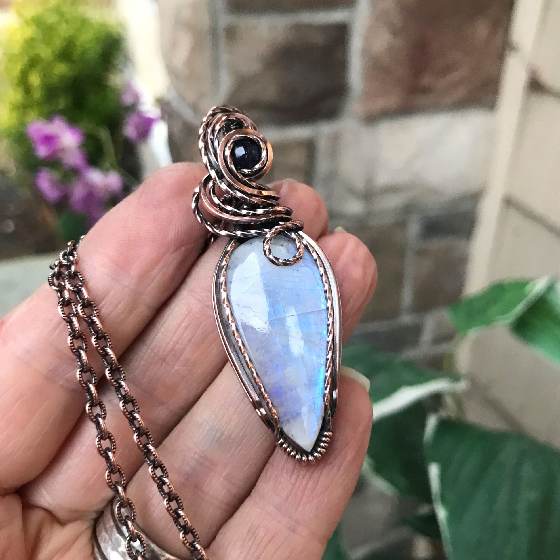 Rainbow Moonstone & Iolite Copper Pendant