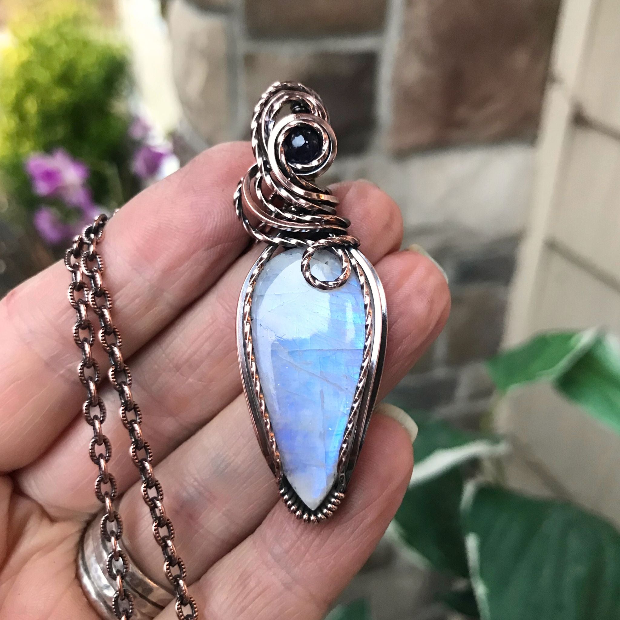 Rainbow Moonstone & Iolite Copper Pendant