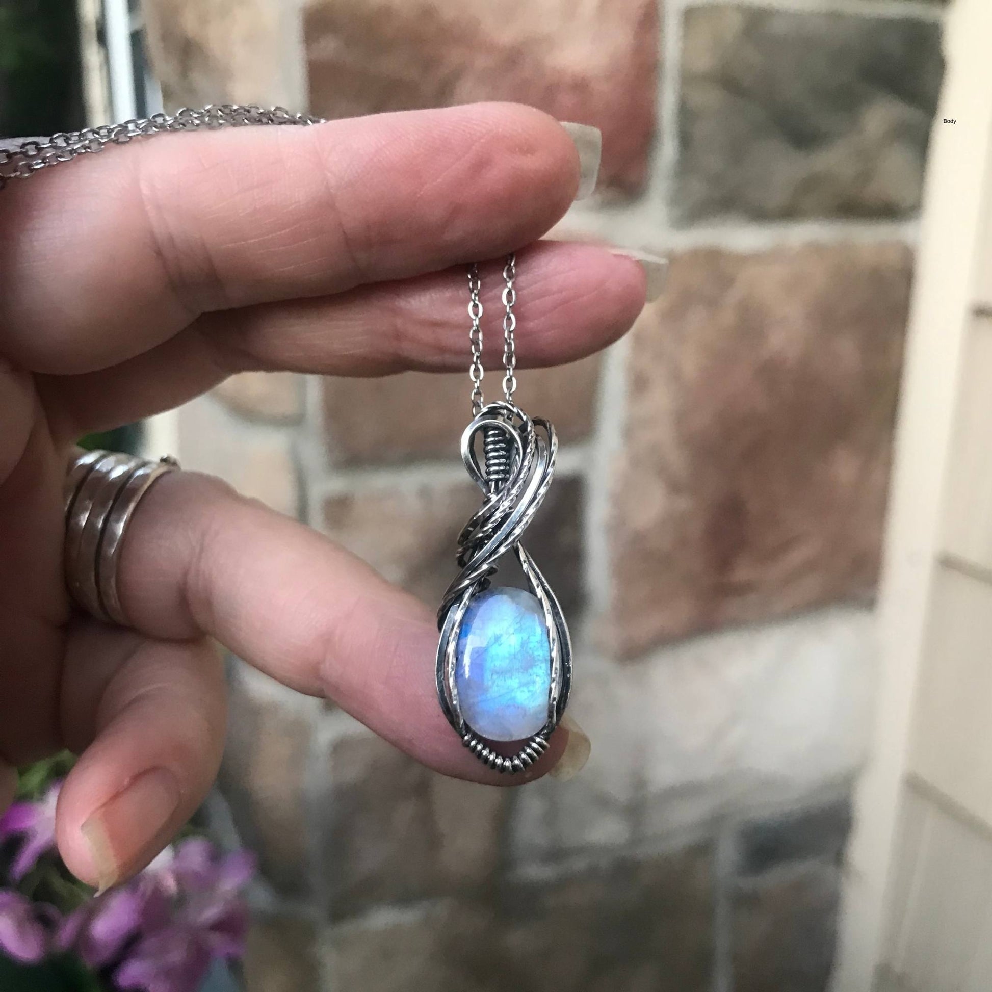 Moonstone oval silver wire wrapped pendant by Moonlet Jewelry