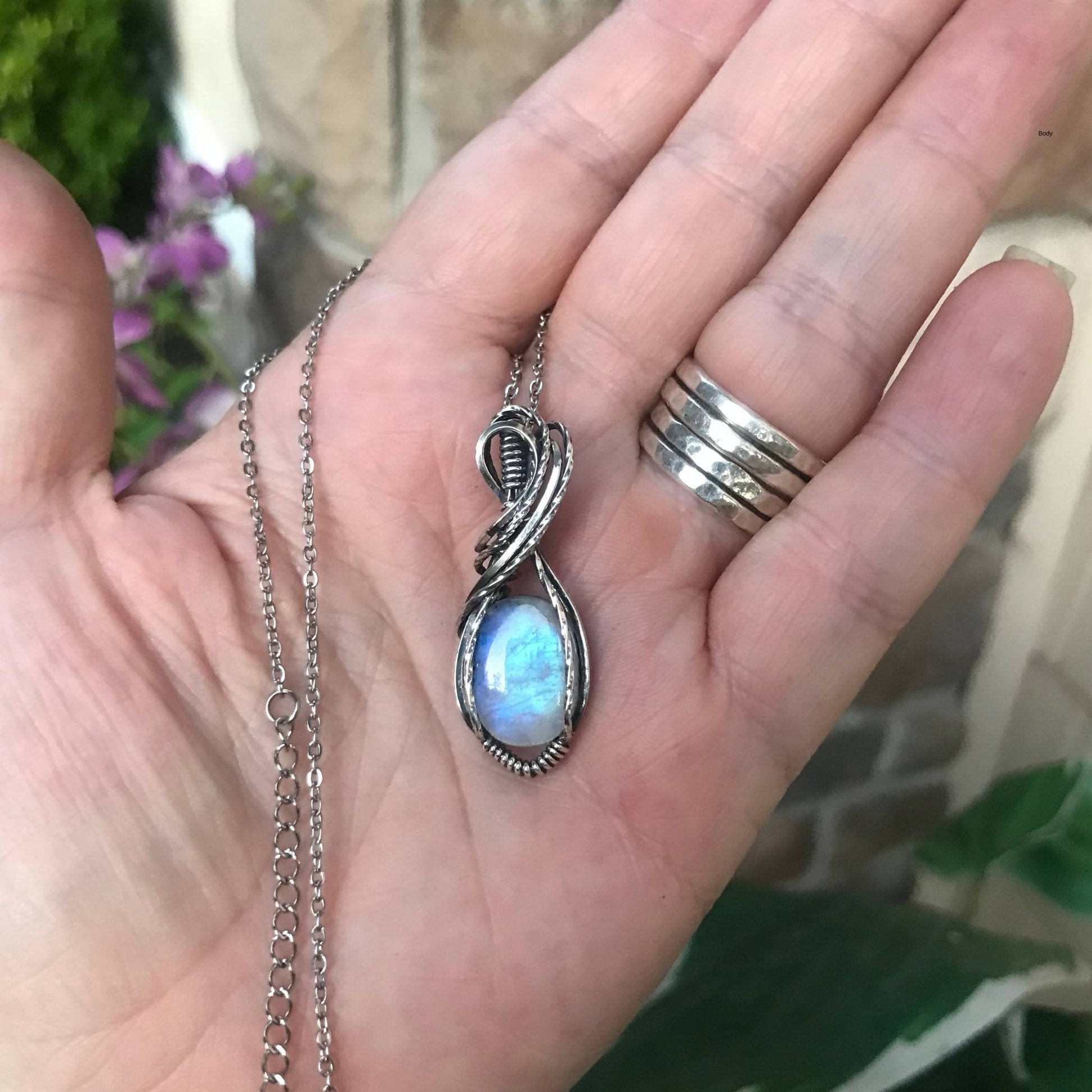 Moonstone oval silver wire wrapped pendant by Moonlet Jewelry
