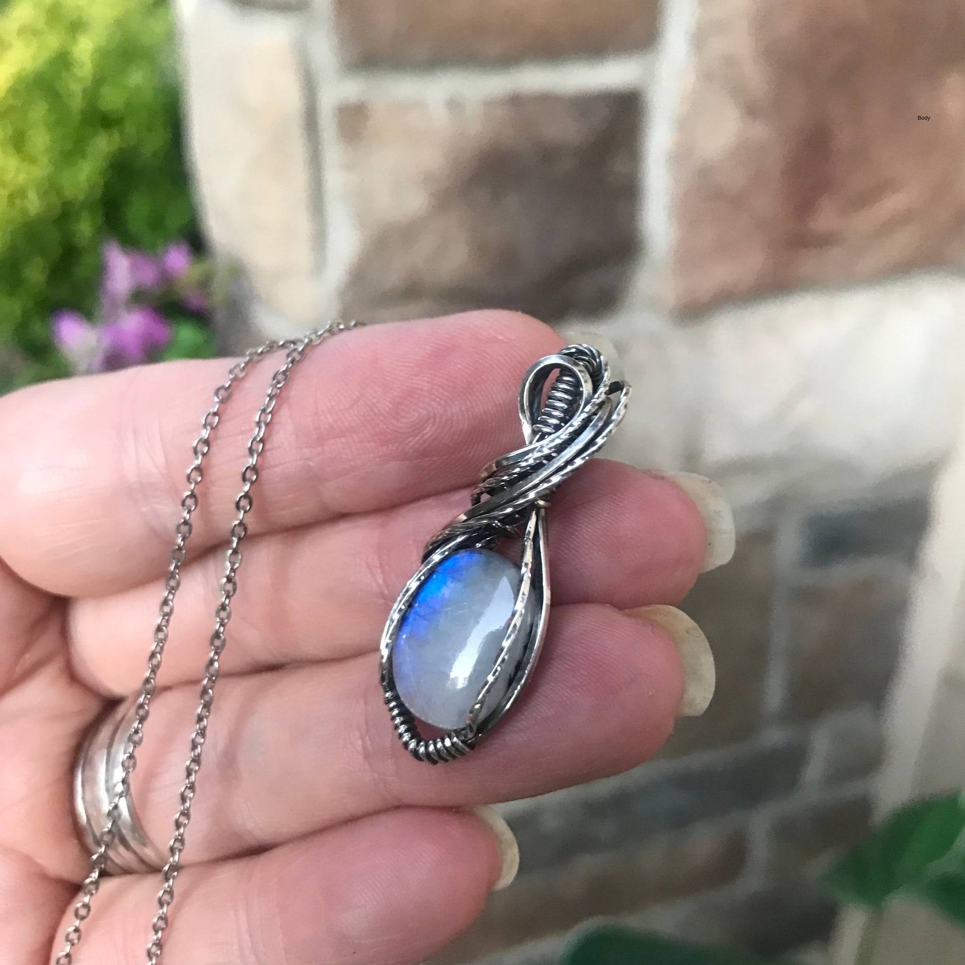Moonstone oval silver wire wrapped pendant by Moonlet Jewelry