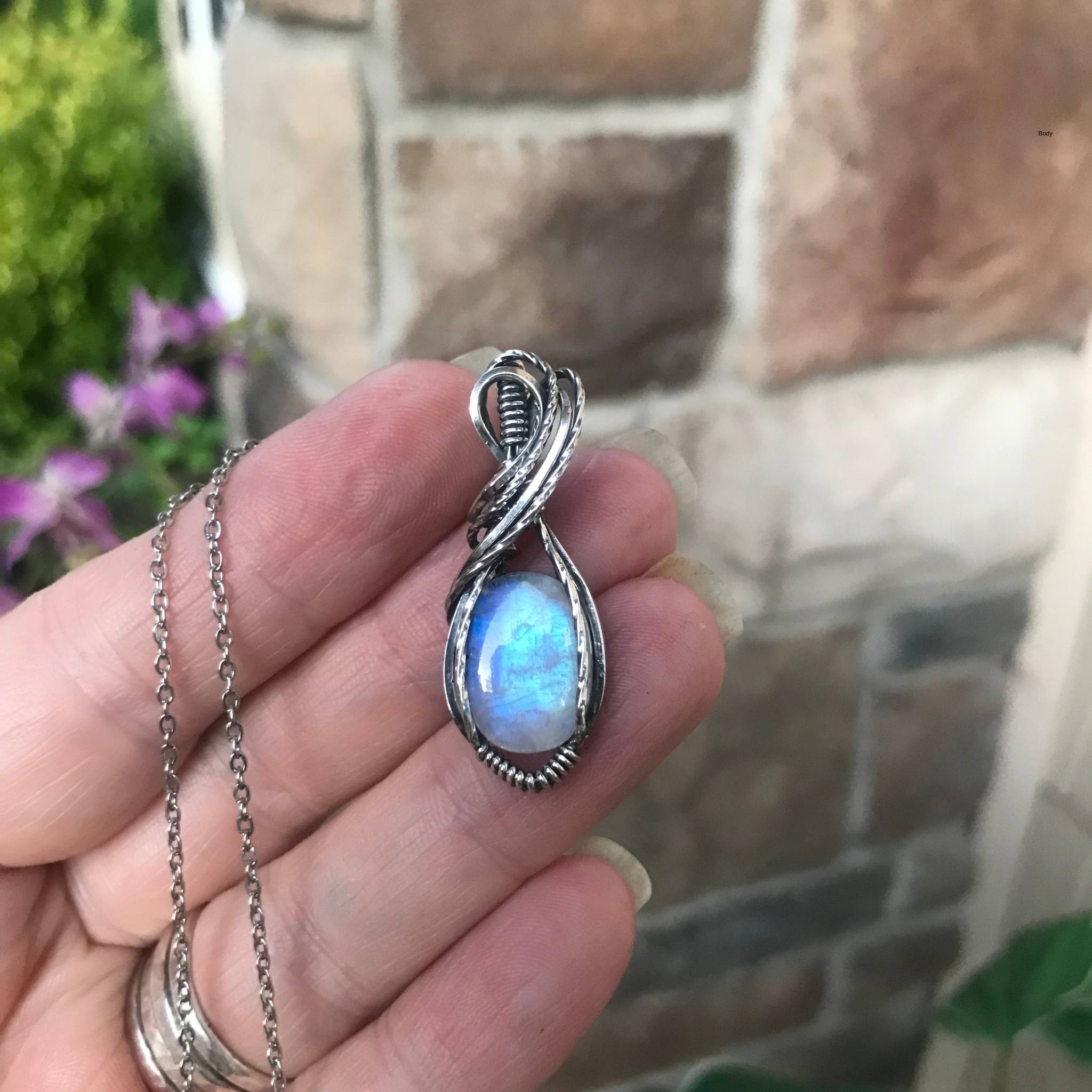 Moonstone oval silver wire wrapped pendant by Moonlet Jewelry