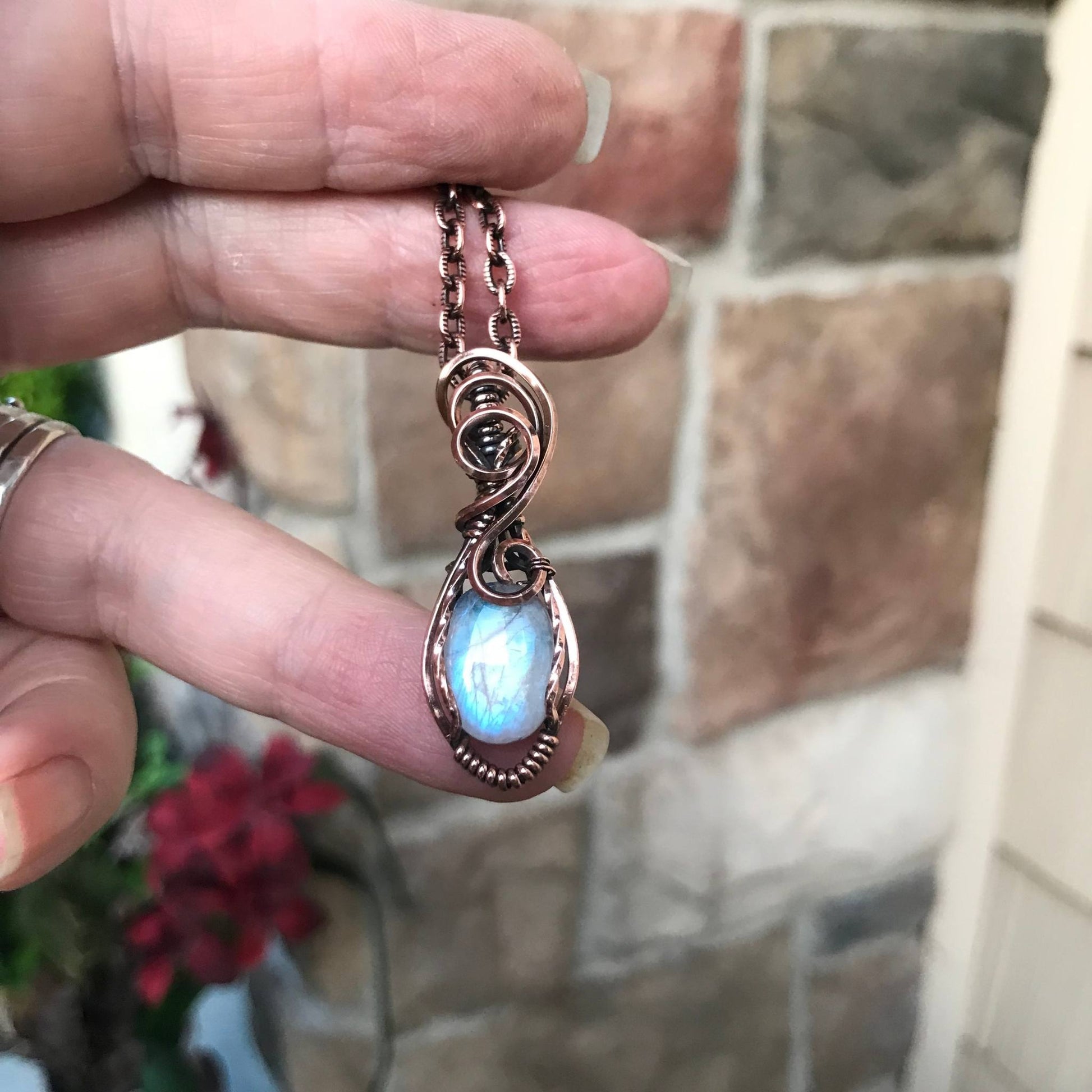 Moonstone oval swirly copper pendant by Moonlet Jewelry