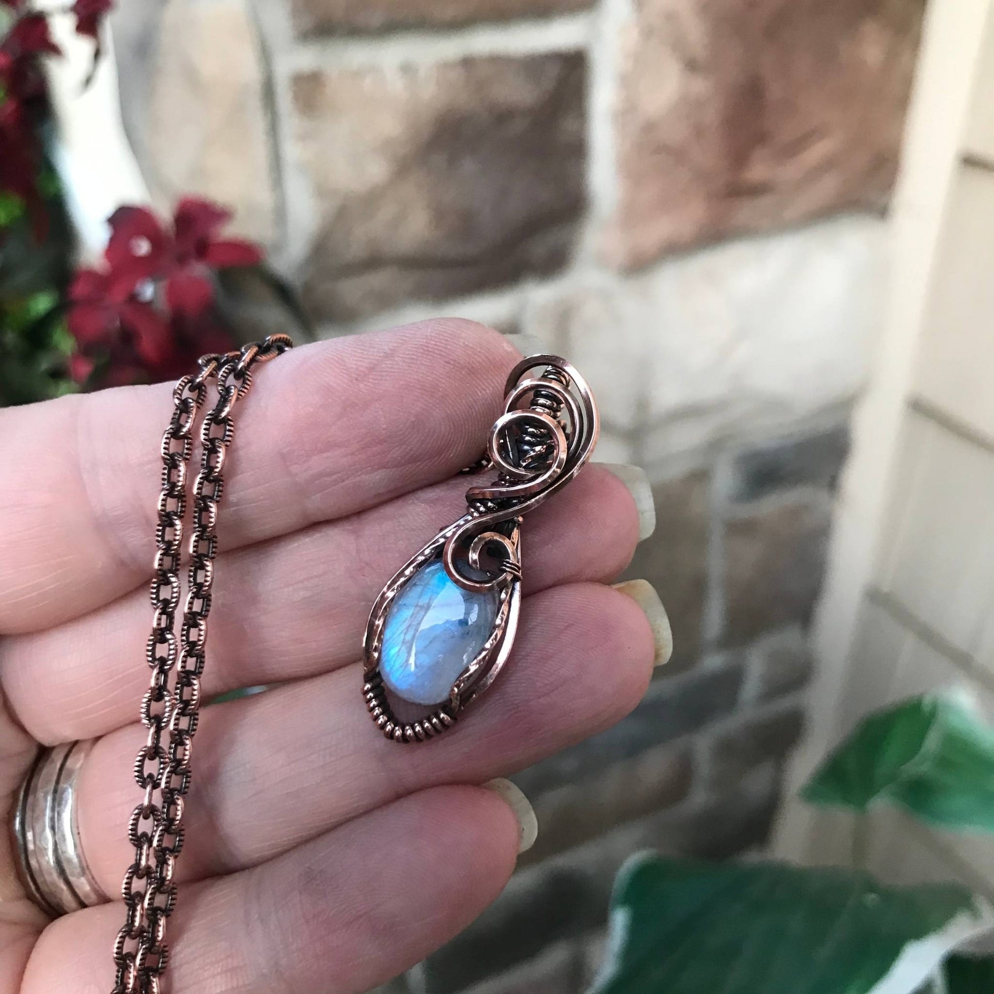 Moonstone oval swirly copper pendant by Moonlet Jewelry