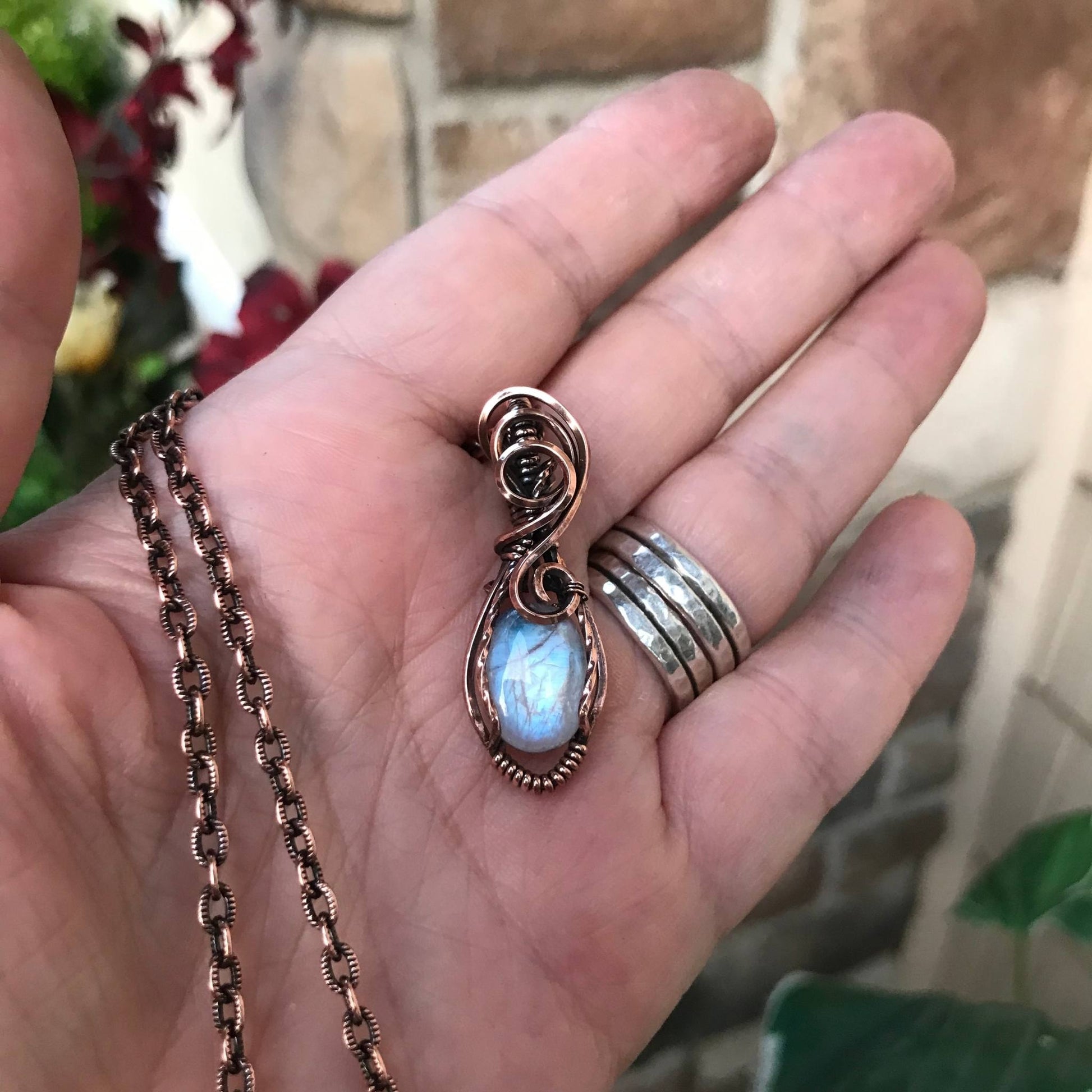 Moonstone oval swirly copper pendant by Moonlet Jewelry