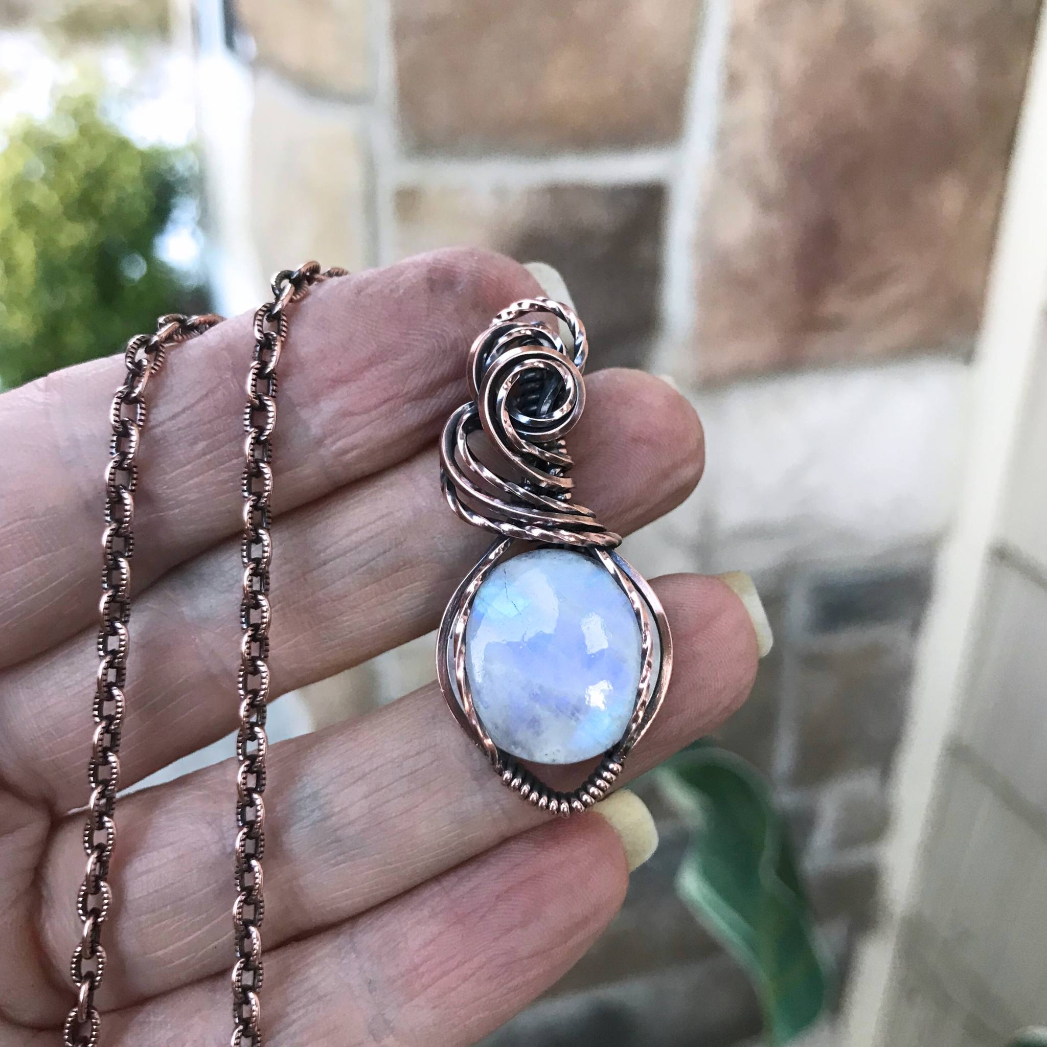 Rainbow Moonstone Round Copper Pendant