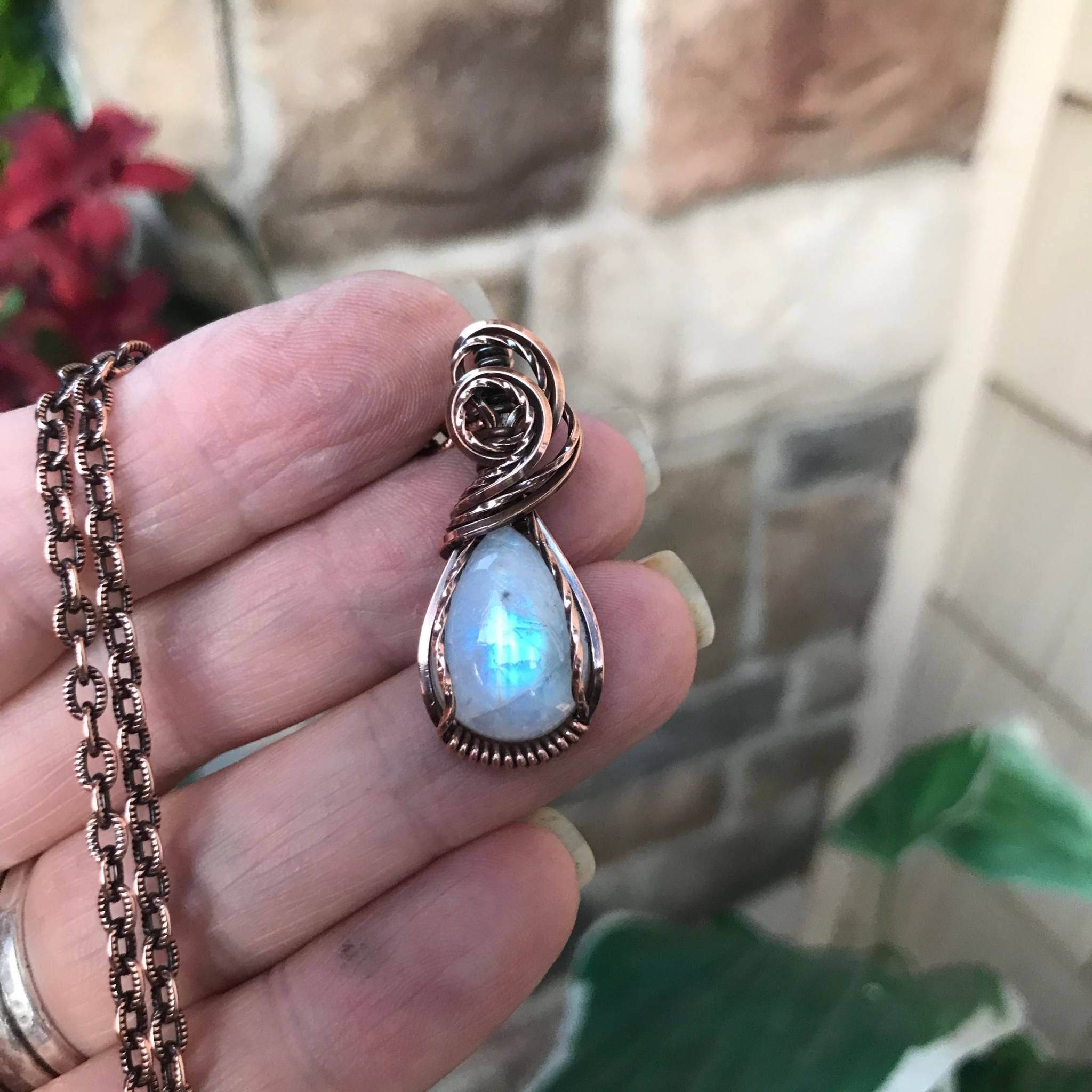 Moonstone small teardrop copper pendant by Moonlet Jewelry