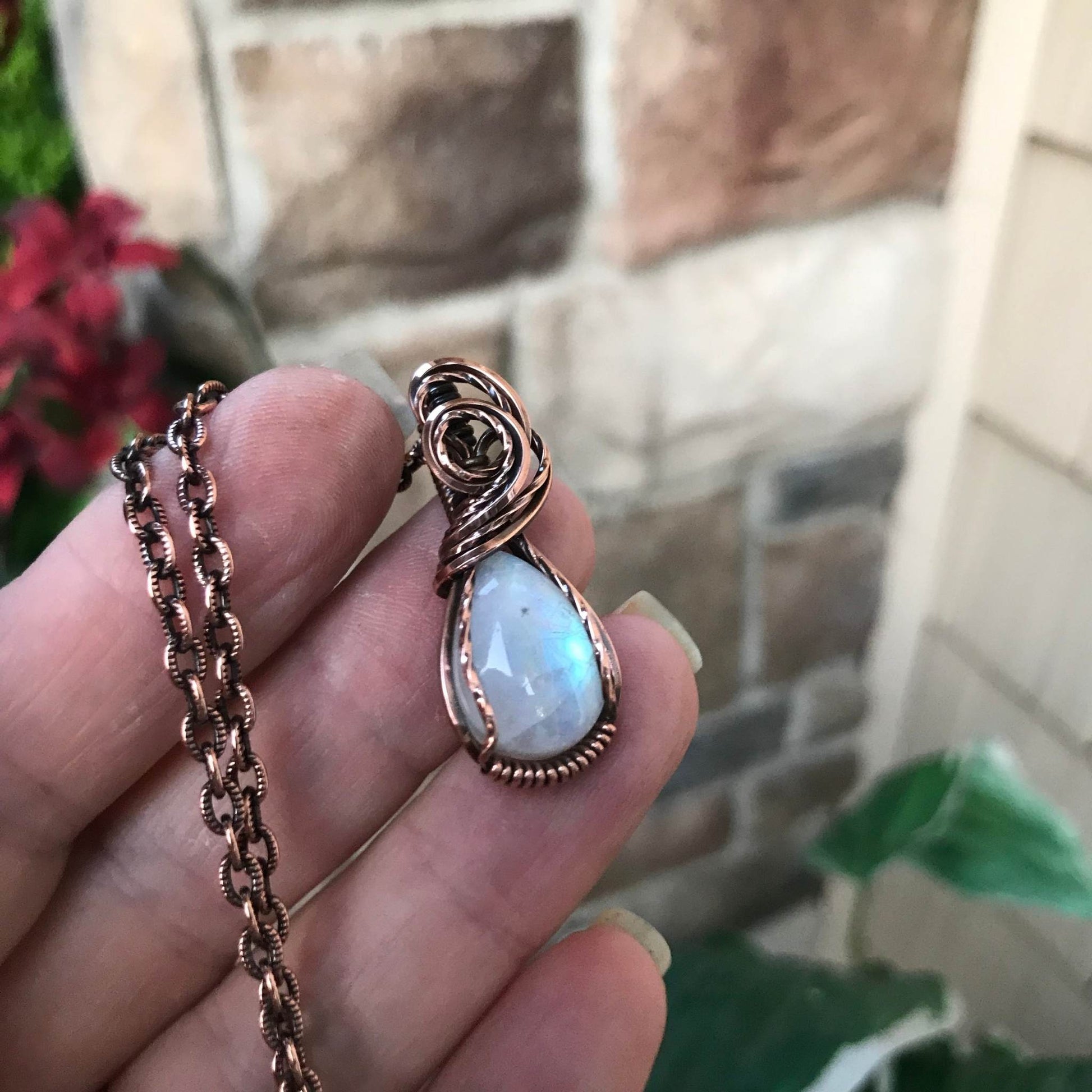 Moonstone small teardrop copper pendant by Moonlet Jewelry