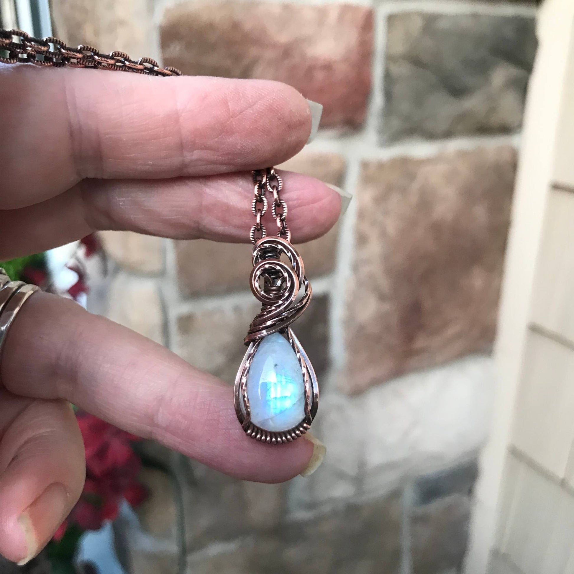 Moonstone small teardrop copper pendant by Moonlet Jewelry